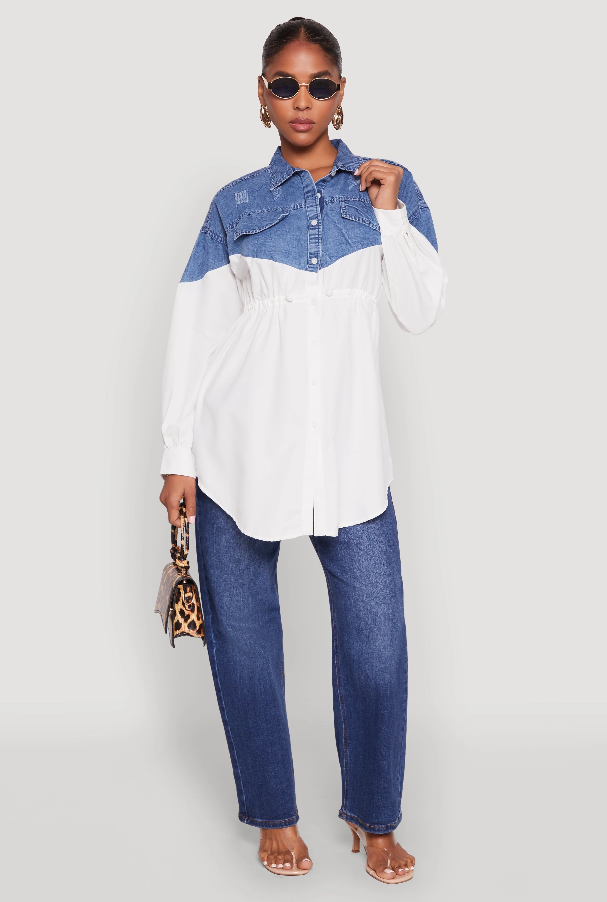 attic vintage Denim Detail Distressed Tunic Shirt