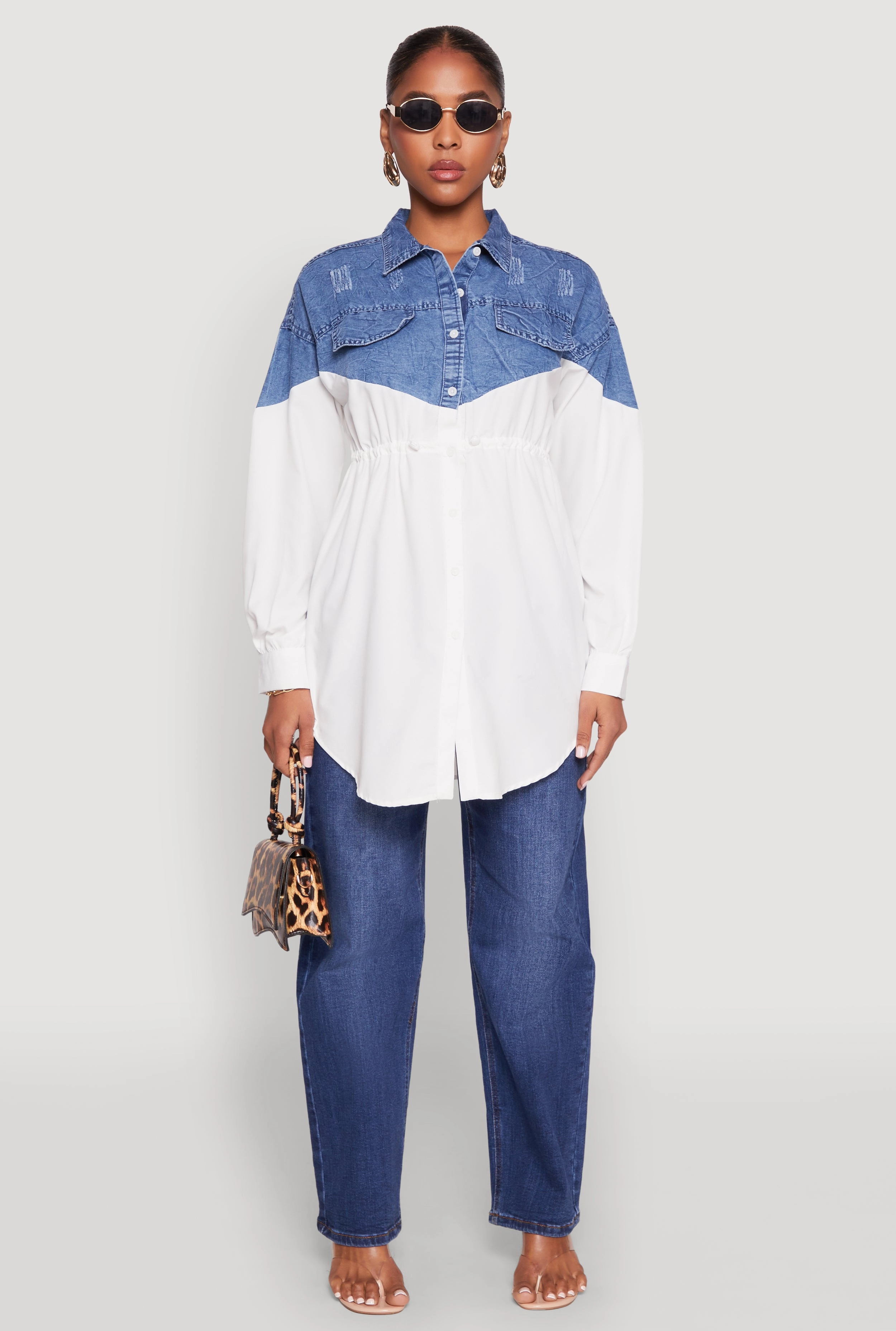 City related Mall Denim Detail Distressed Tunic Shirt
