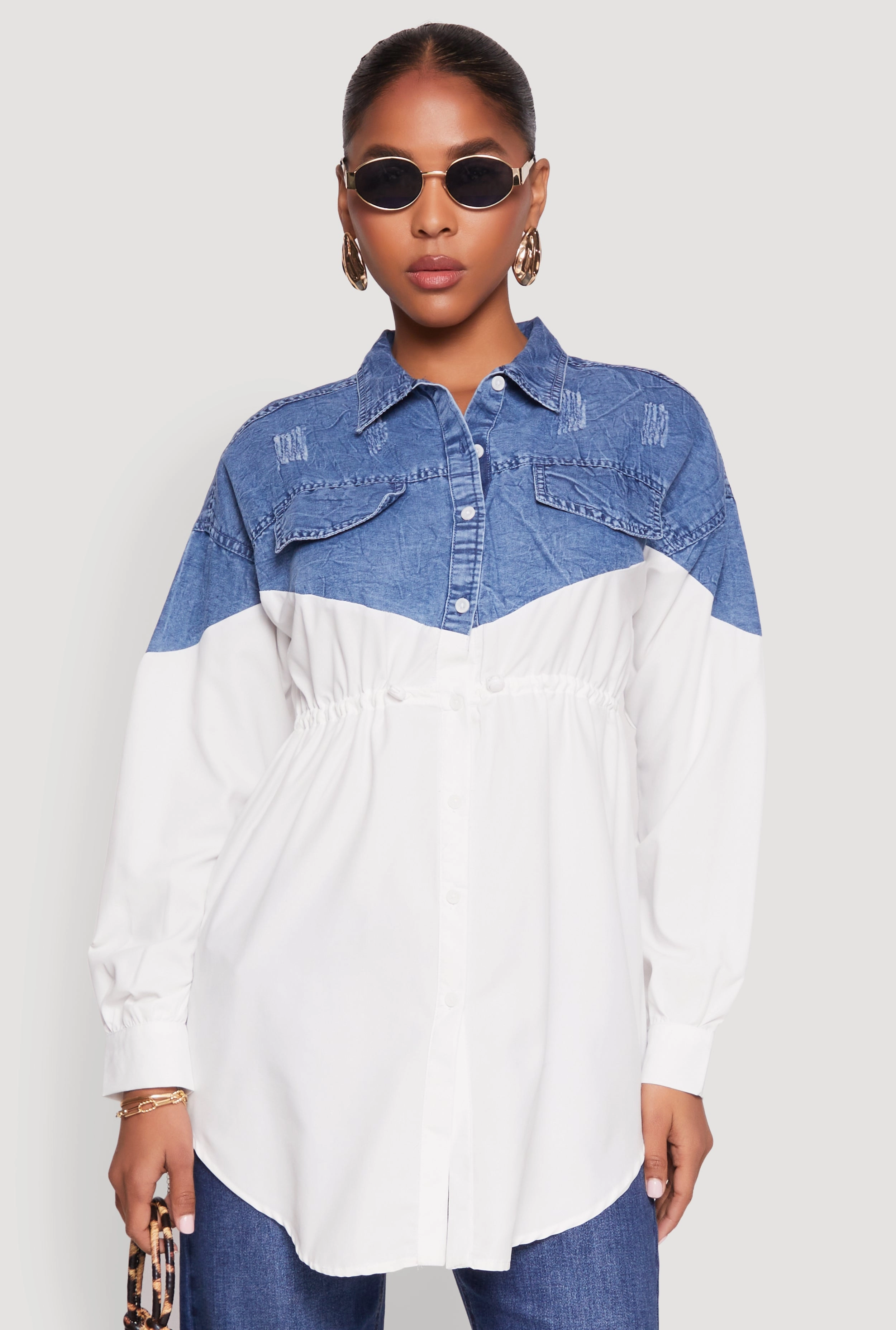 Glasses Denim Detail Distressed Tunic Shirt