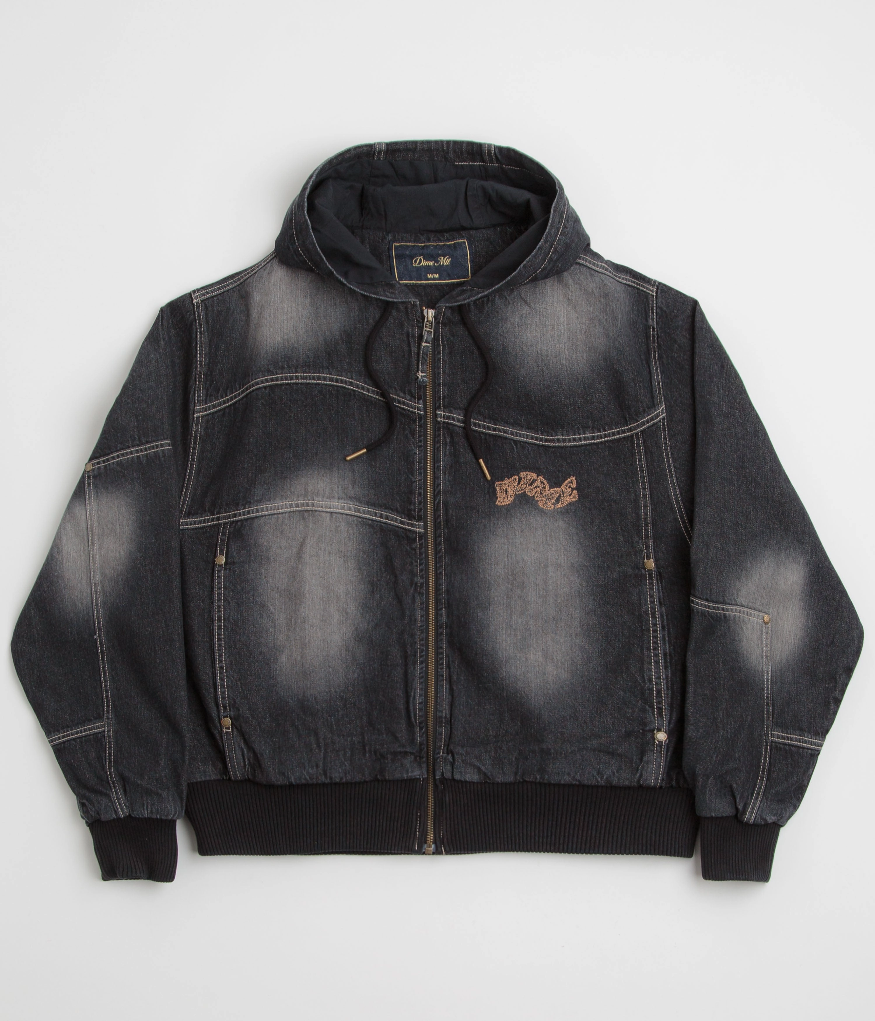Dime Hooded Utility Jacket - Sandblasted Black Double Stitched Seams Full Length Zipper