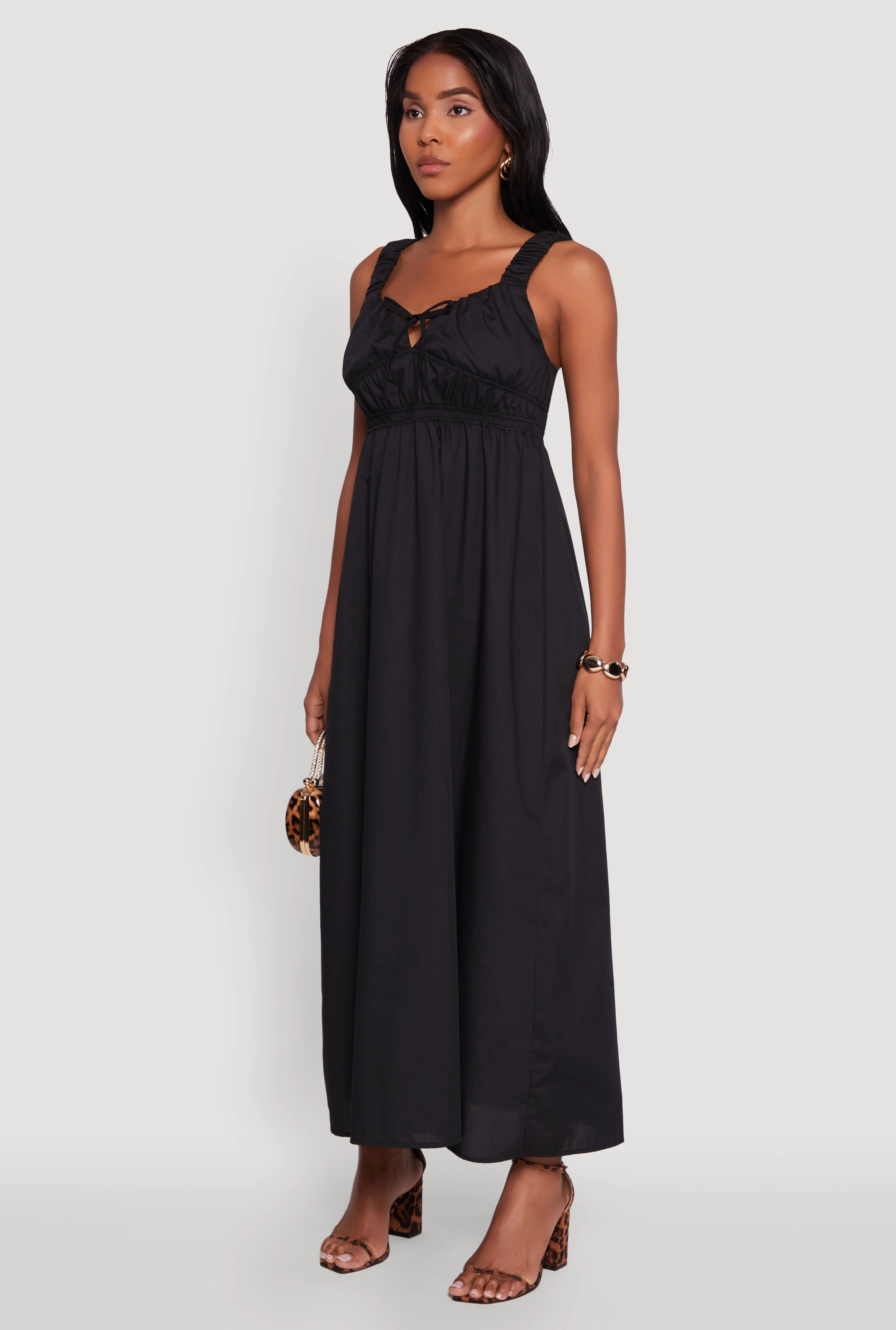 Layered Volume Poplin Sleeveless Scoop Neck Tie Front Maxi Dress