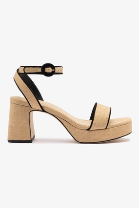 Eva Midsole Dolly Low Sandal In Beige Raffia and Black Trimming