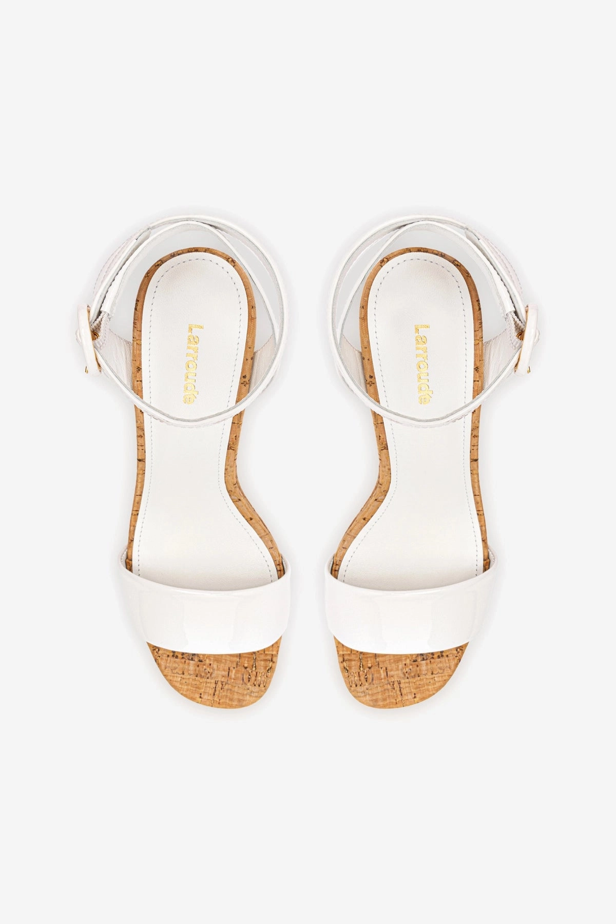 Lightweight EVA Midsole Dolly Sandal In White Patent Leather and Natural Cork