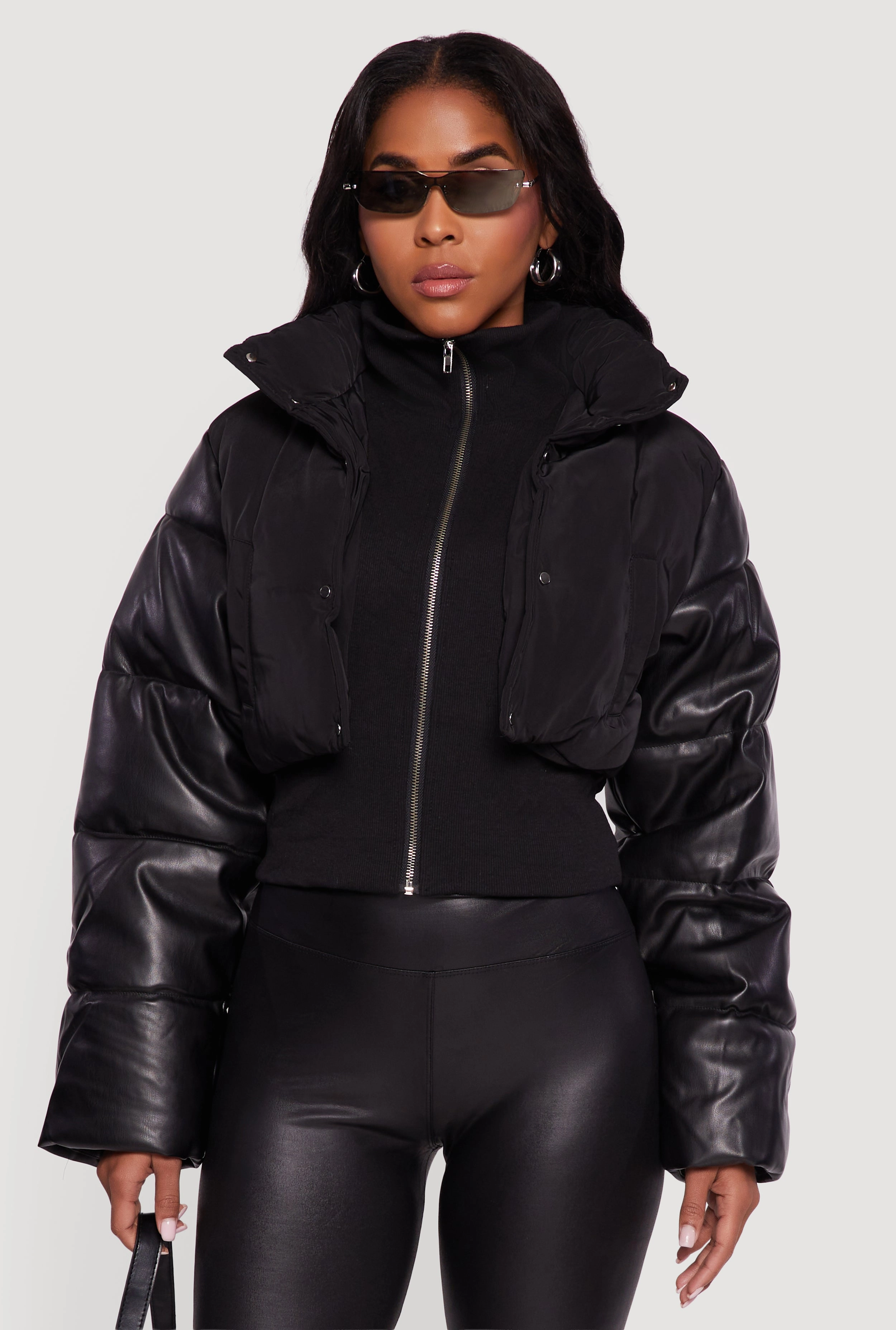 Double Layered Faux Leather Sleeve Mock Neck Puffer Jacket Reflective Safety Trim Weatherproof Technology