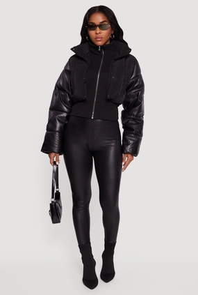 Multi Pocket Utility Hypoallergenic Fiber Filling Double Layered Faux Leather Sleeve Mock Neck Puffer Jacket