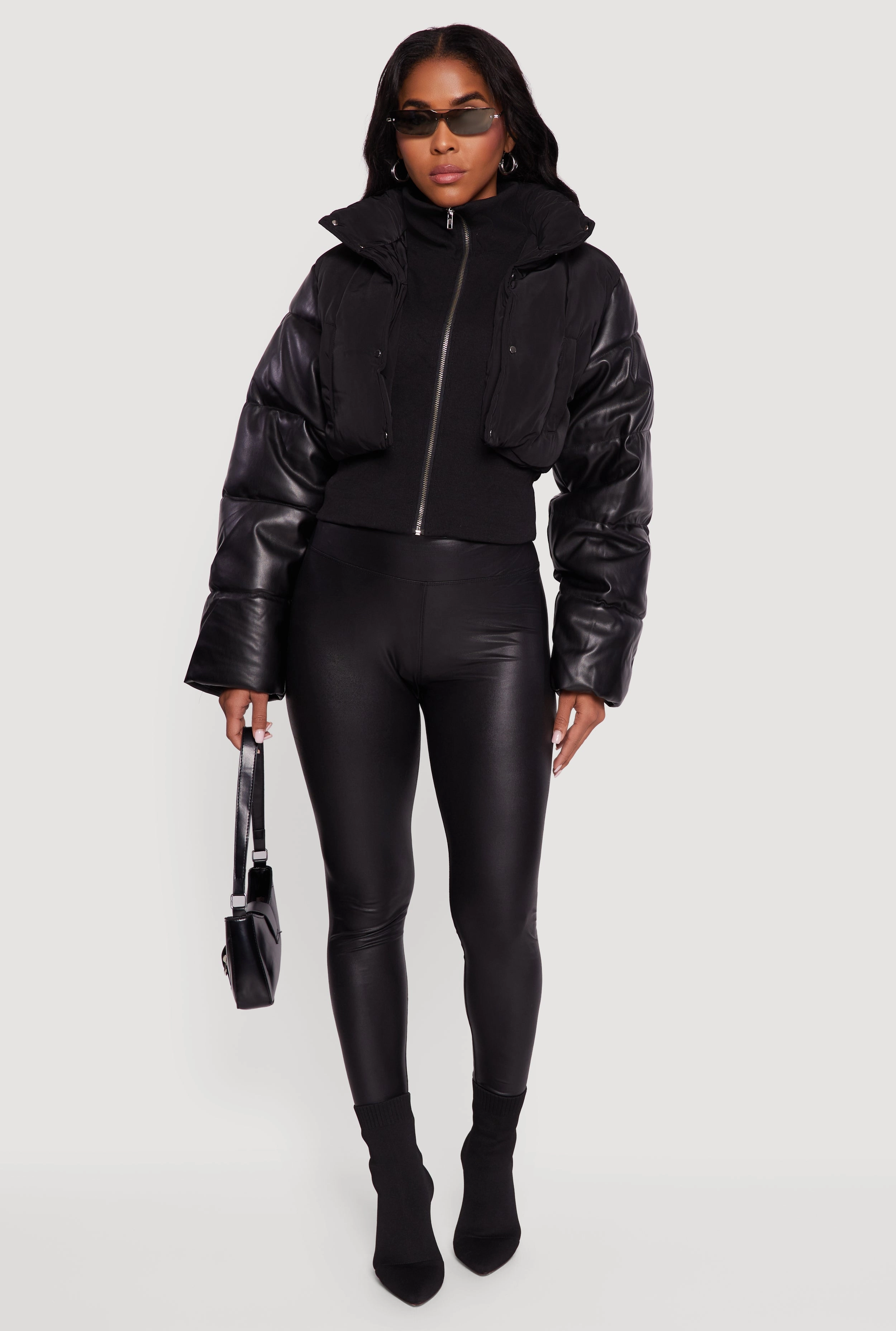 Multi Pocket Utility Hypoallergenic Fiber Filling Double Layered Faux Leather Sleeve Mock Neck Puffer Jacket