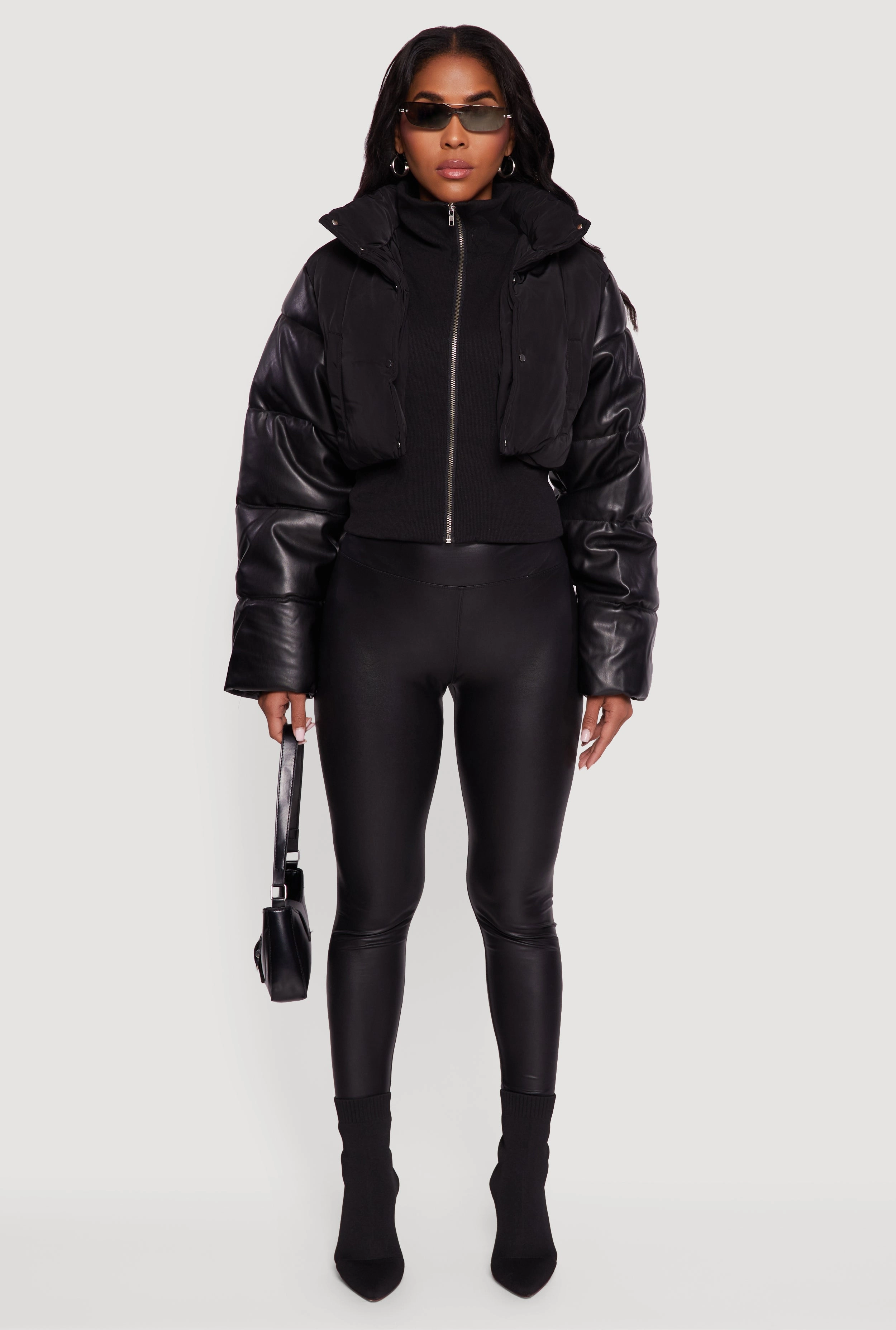 Double Layered Faux Leather Sleeve Mock Neck Puffer Jacket Daily Wear Jacket Stretch Fit