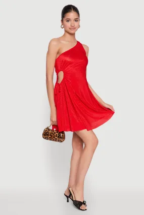 Plisse One Shoulder Drawstring Keyhole Mini Dress Trendy Style Dreamy Layers
