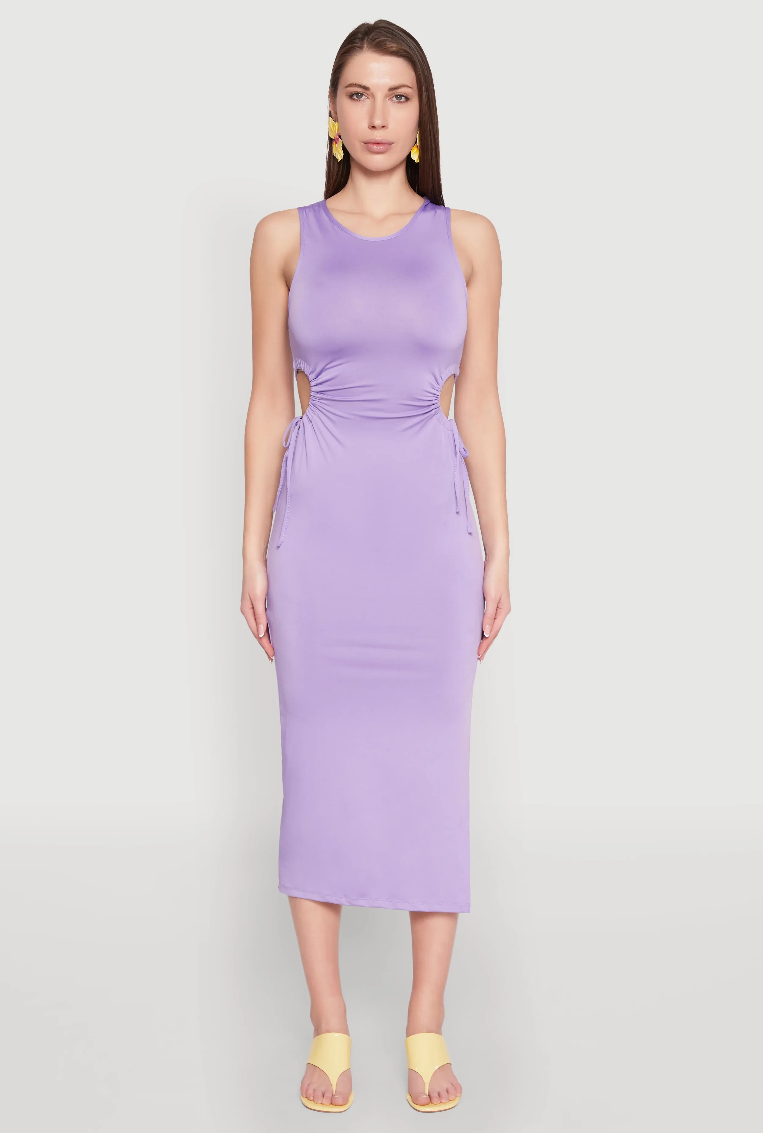 Drawstring Side Cut Out Sleeveless Midi Dress Romantic Bloom Cool Draping