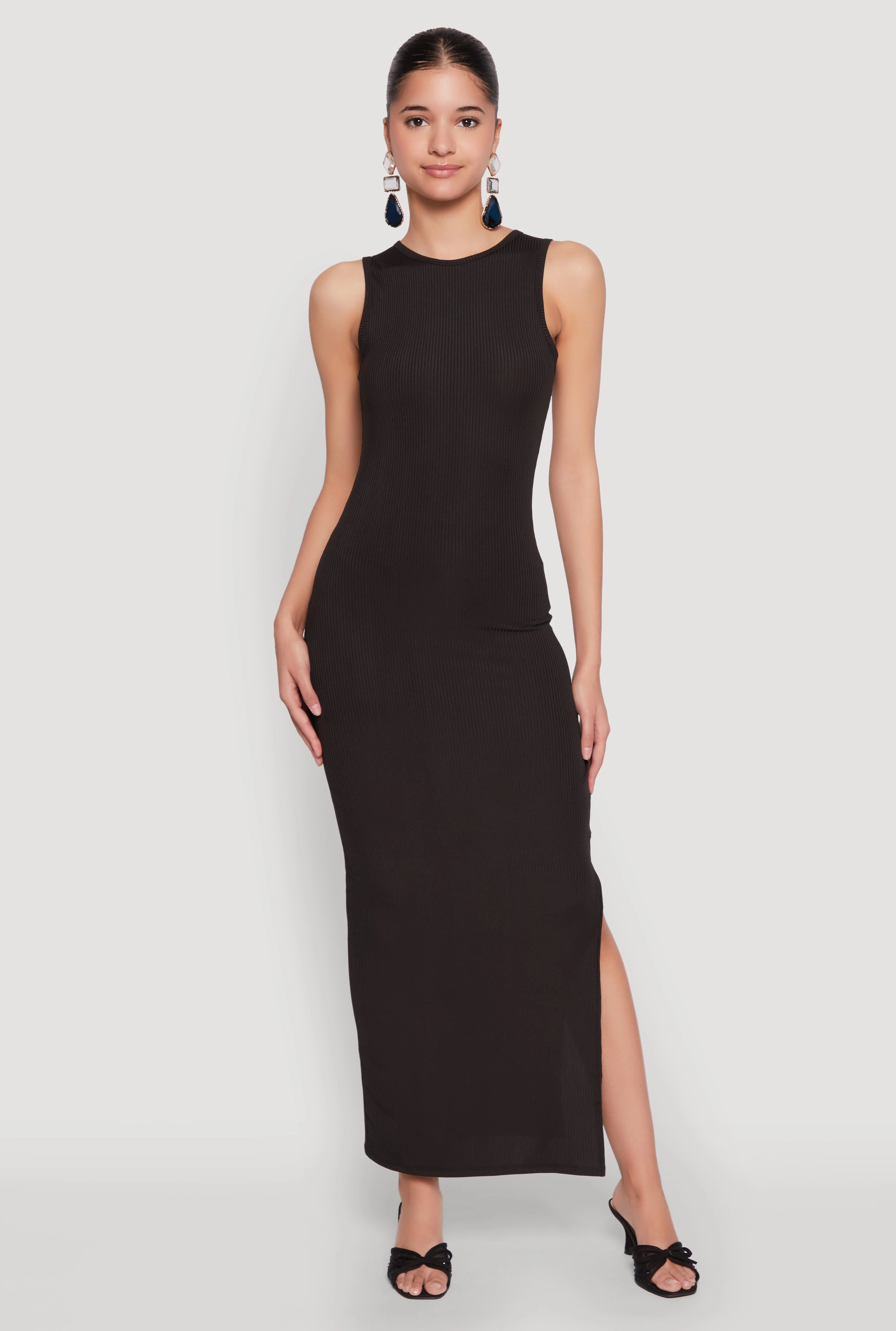 Rib Knit Side Slit Maxi Dress Soft and Light One-Shoulder