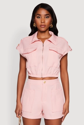 Soft Layers Thermoregulating Lining Chic Twill Cropped Jacket with Cargo Pockets and Zippers