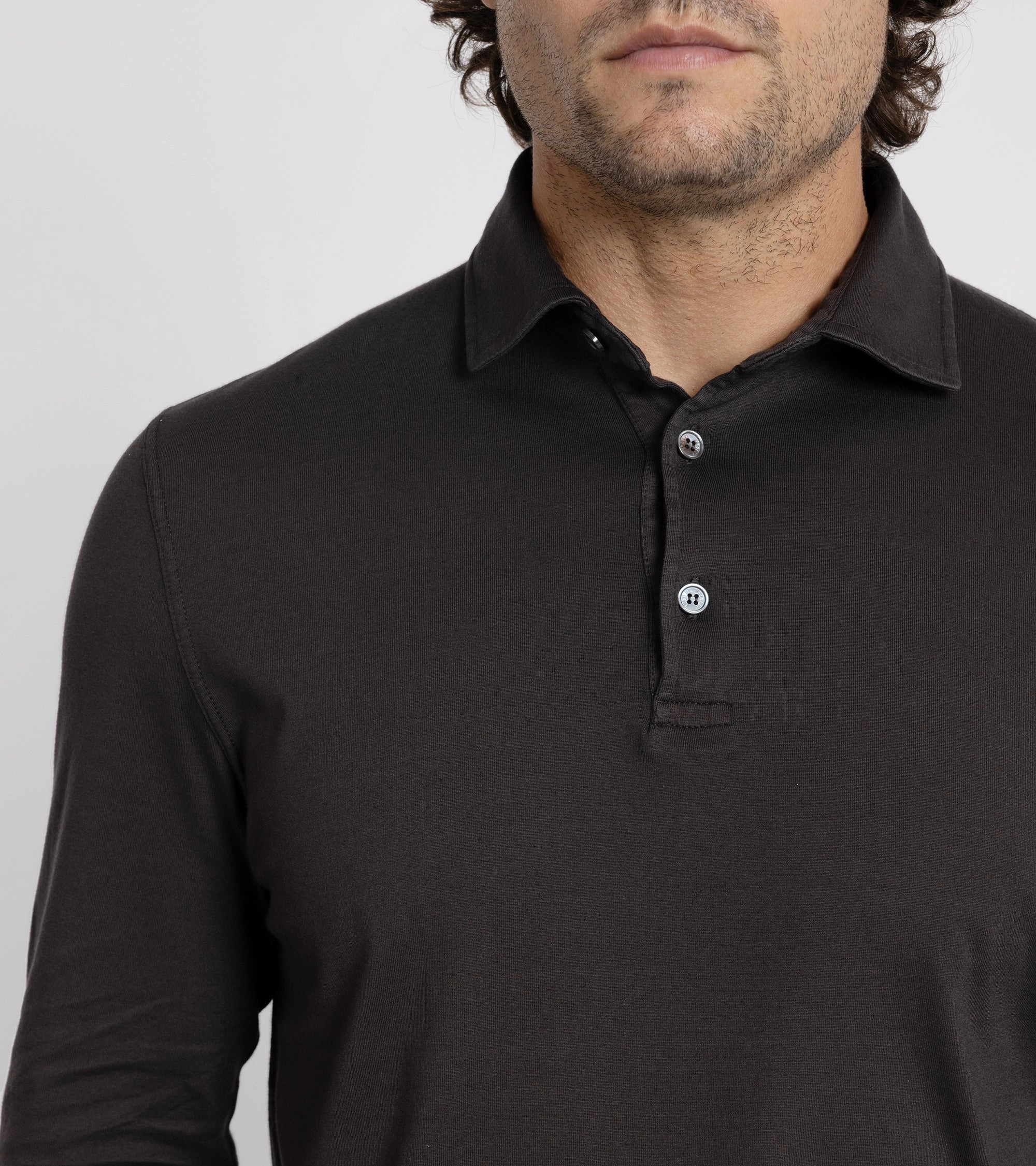 Fedeli Zero Organic Cotton Jersey Long Sleeve Polo Shirt: Dark Chocolate Moisture control Work Appropriate