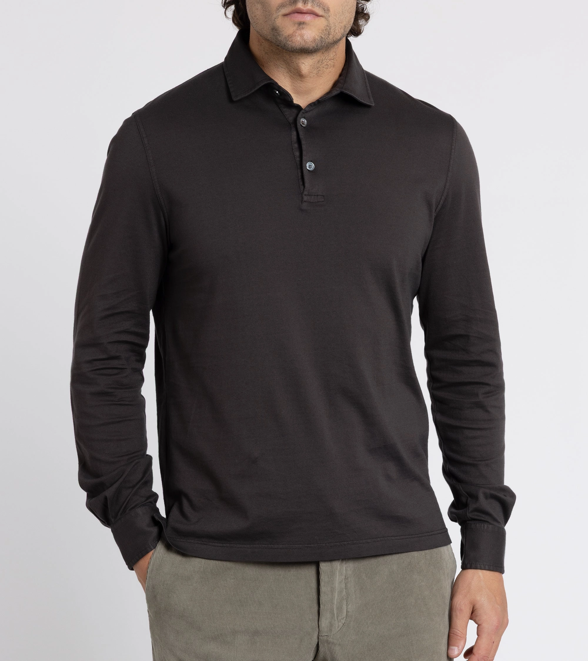 Fedeli Zero Organic Cotton Jersey Long Sleeve Polo Shirt: Dark Chocolate Hygroscopic Threads Trendy Outfit