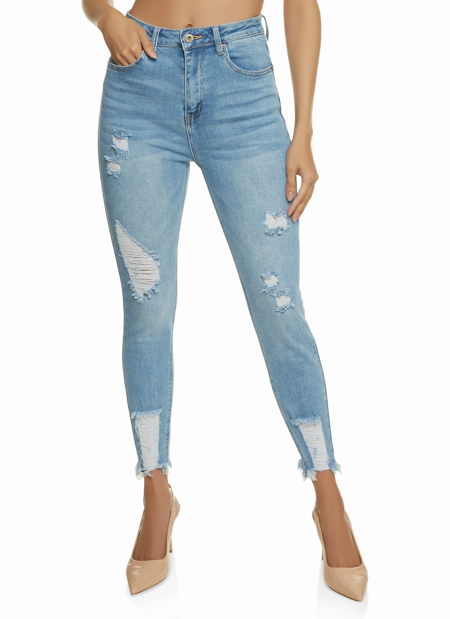 Premium Elegant WAX Distressed Frayed Hem Skinny Jeans