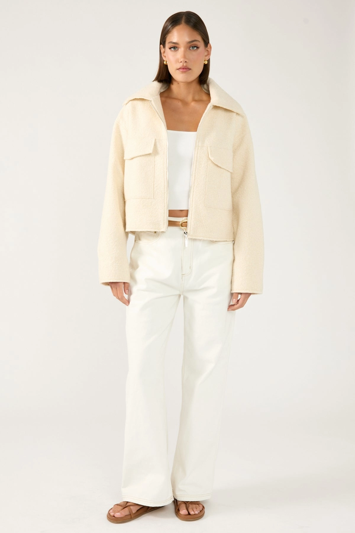 Perfect Stranger Pixie Textured Zip Up Jacket Cream Double Layered Hood