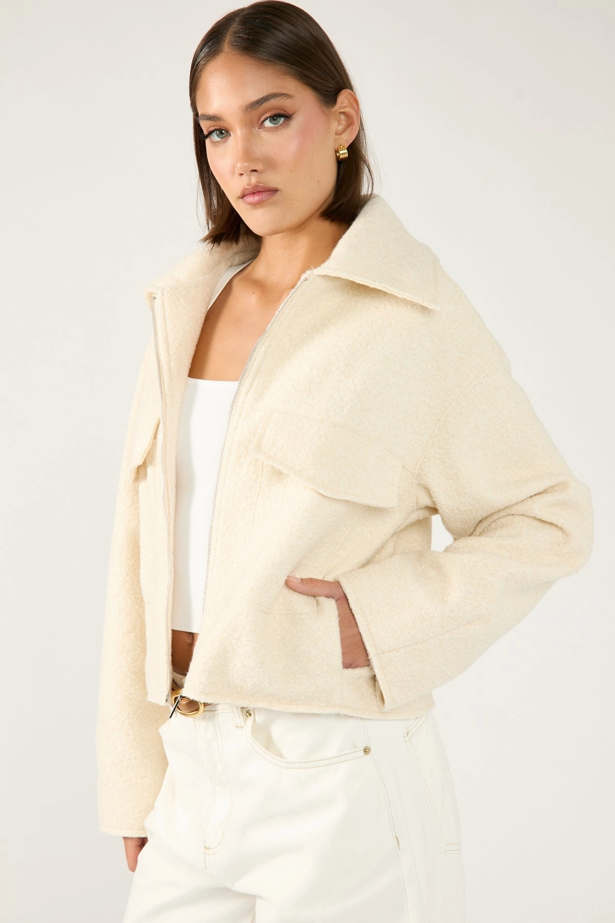 Perfect Stranger Pixie Textured Zip Up Jacket Cream On The Go
