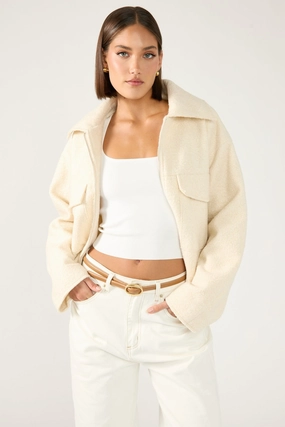 DoubleLayeredHem Perfect Stranger Pixie Textured Zip Up Jacket Cream