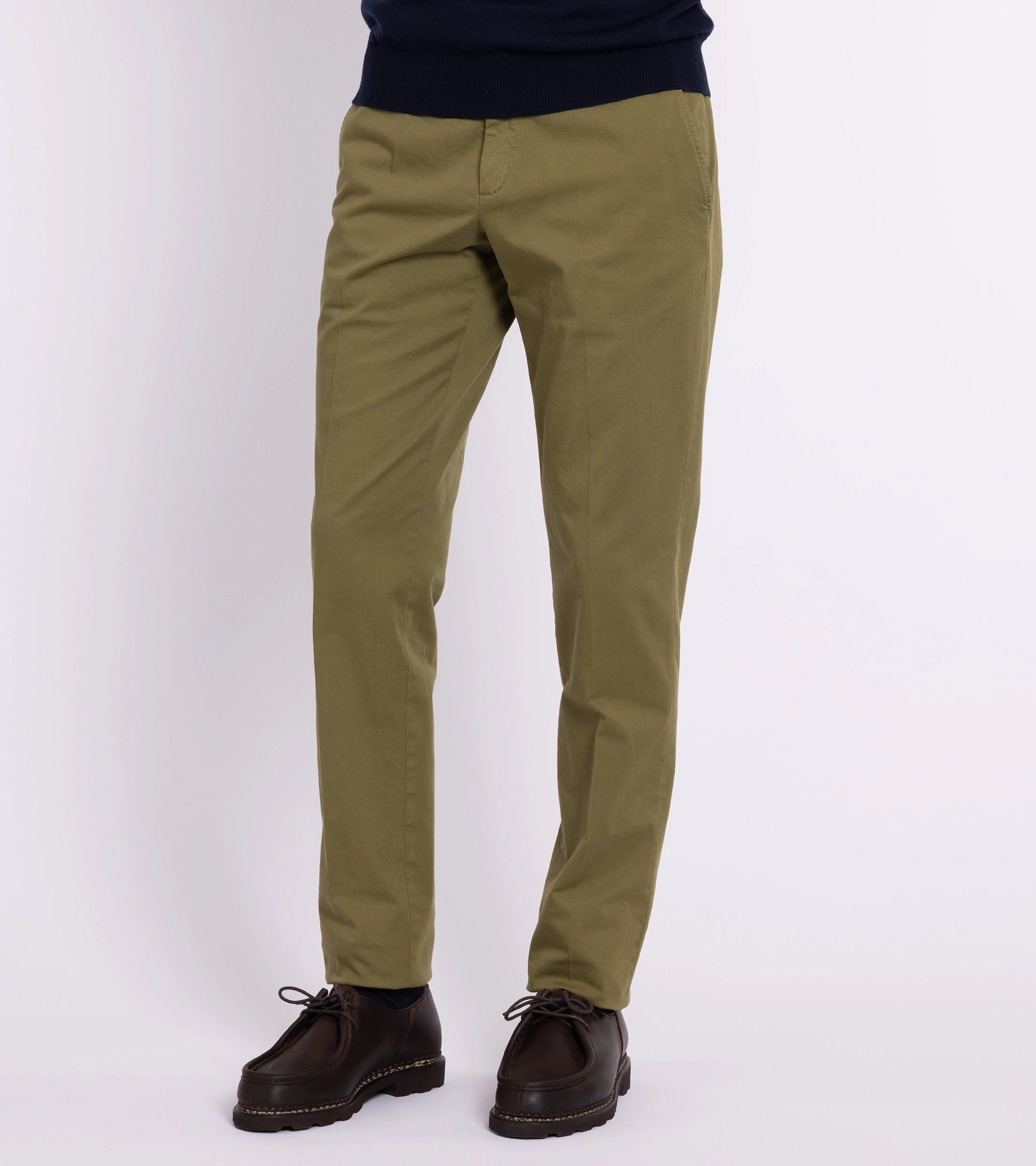 Trunk Welbeck Flat Front Cotton Trousers: Moss Green Quick Adjust Fit
