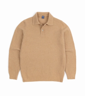 Cool Fit Relaxed Wearable Fedeli Basket Wool Cashmere Mix Long Sleeve Knit Polo Shirt: Tan