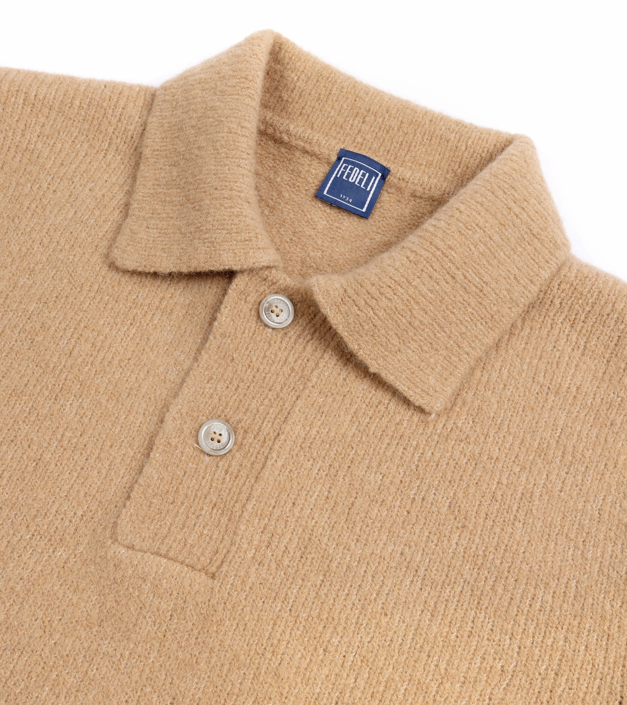 Comfortable Collar Fedeli Basket Wool Cashmere Mix Long Sleeve Knit Polo Shirt: Tan