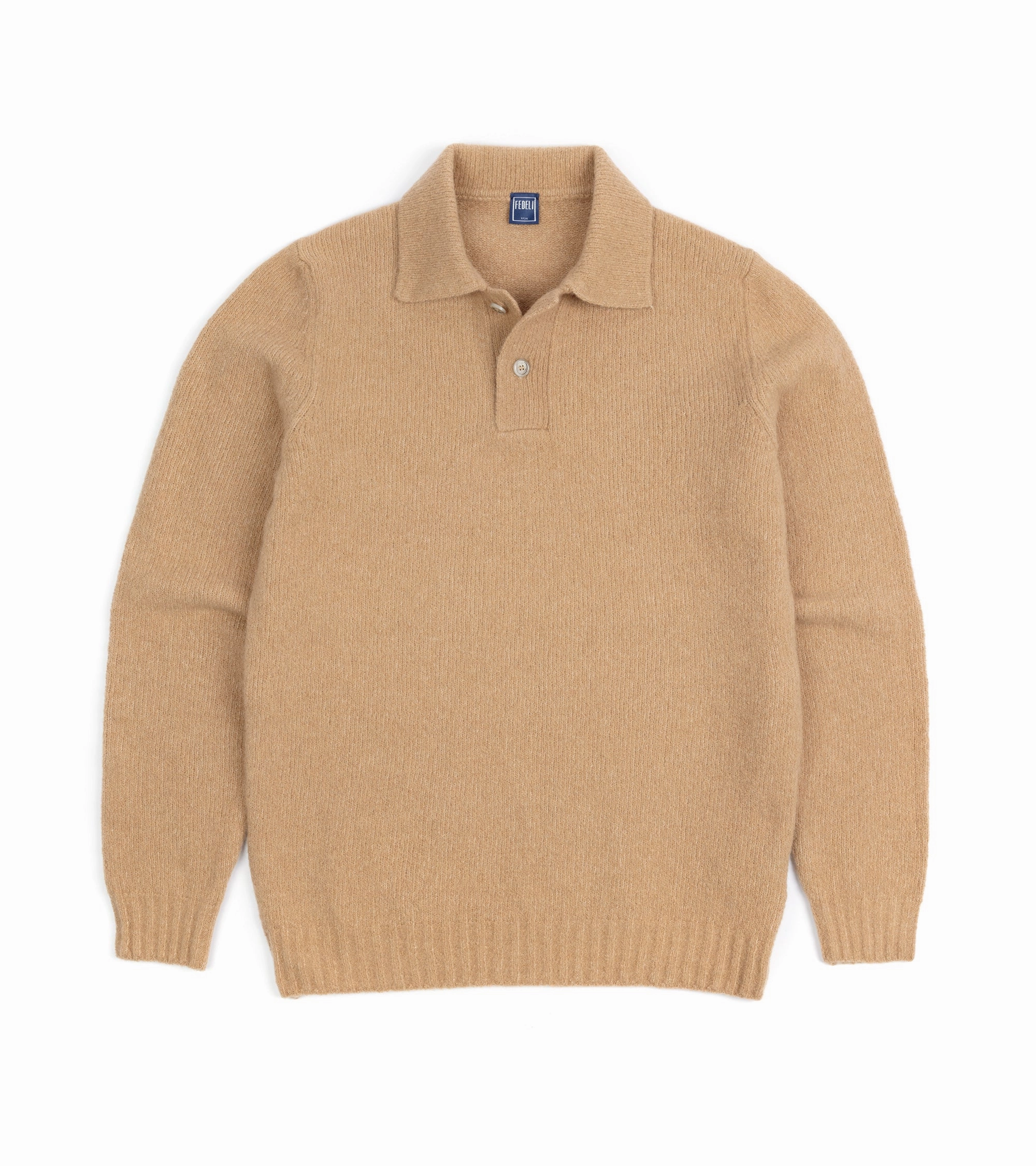 Fedeli Basket Wool Cashmere Mix Long Sleeve Knit Polo Shirt: Tan Weekend Style Relaxed Wearable