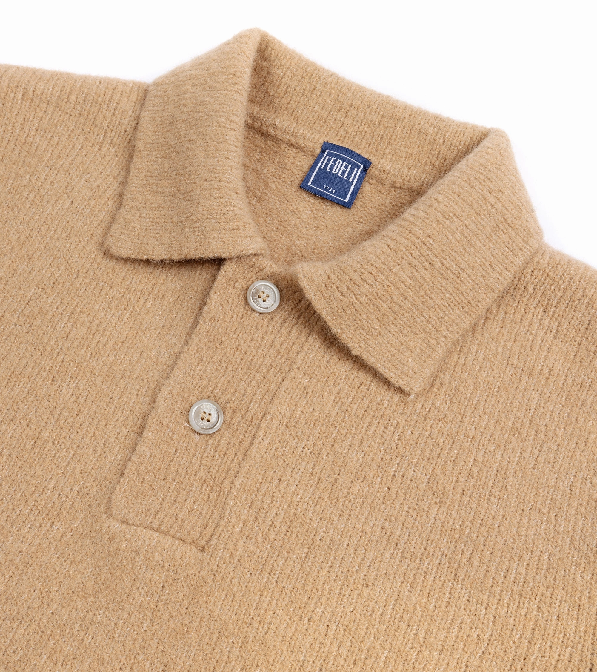Simple Elegance TearResistant Fiber Fedeli Basket Wool Cashmere Mix Long Sleeve Knit Polo Shirt: Tan