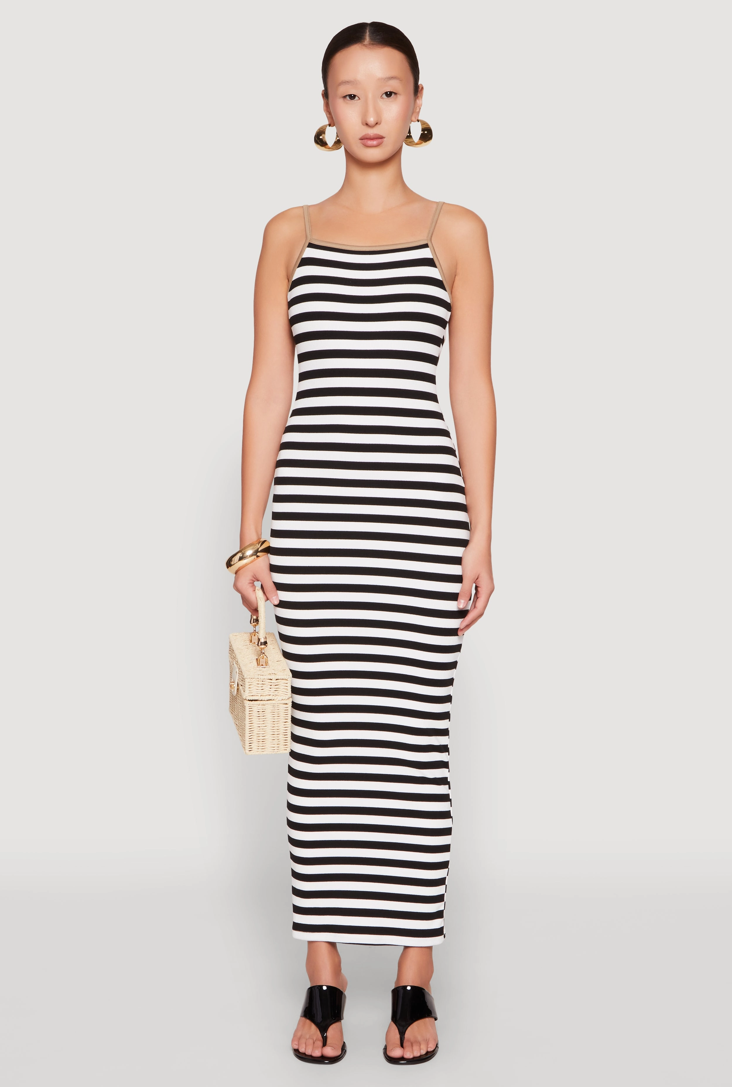 Contrast Trim Striped Maxi Dress Satin-Finish