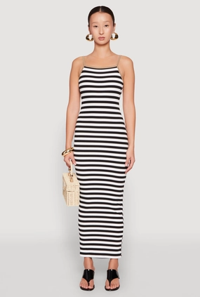 Contrast Trim Striped Maxi Dress Satin-Finish