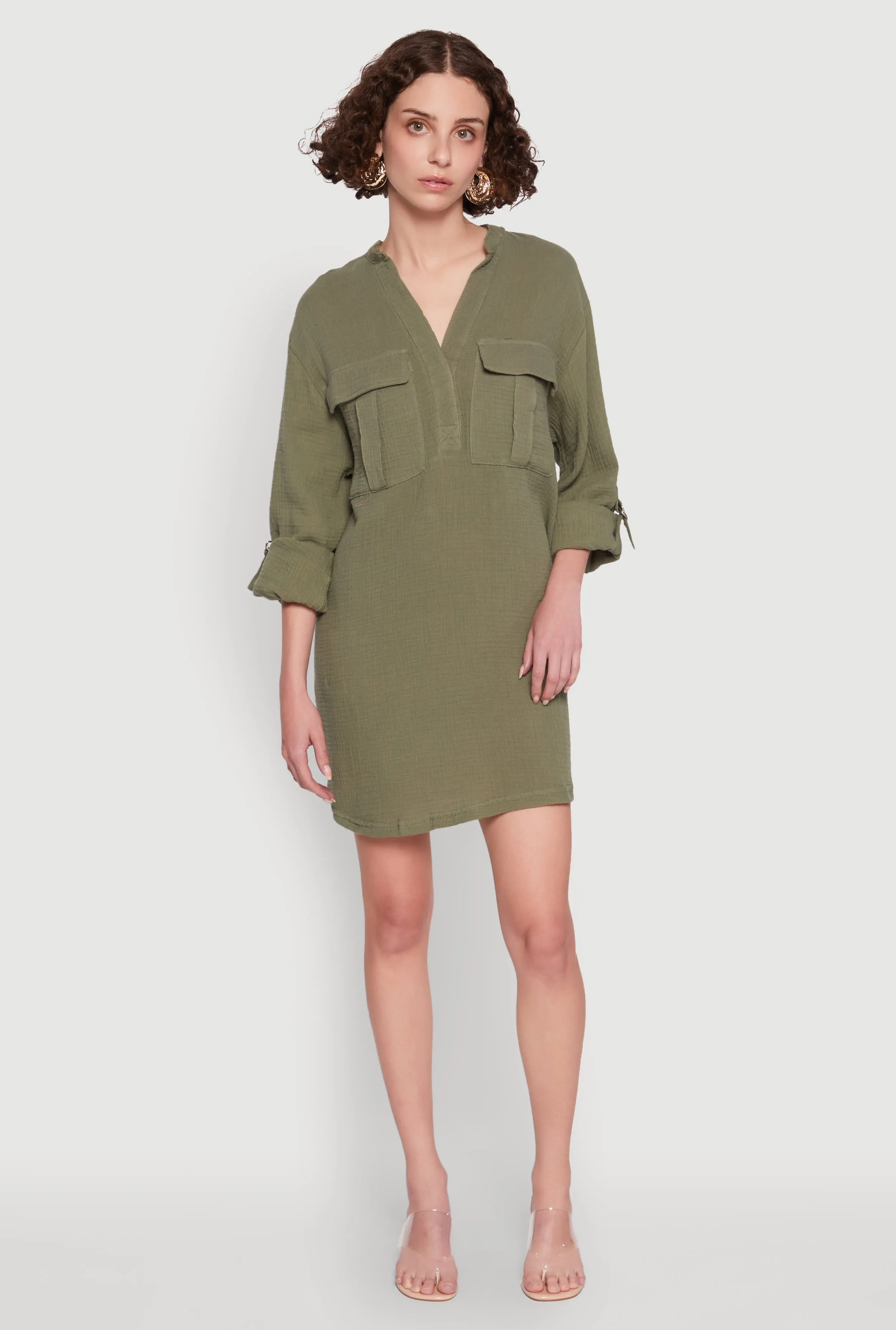 Tabbed Sleeve Gauze Knit Dress Timeless Line Elegant Motion