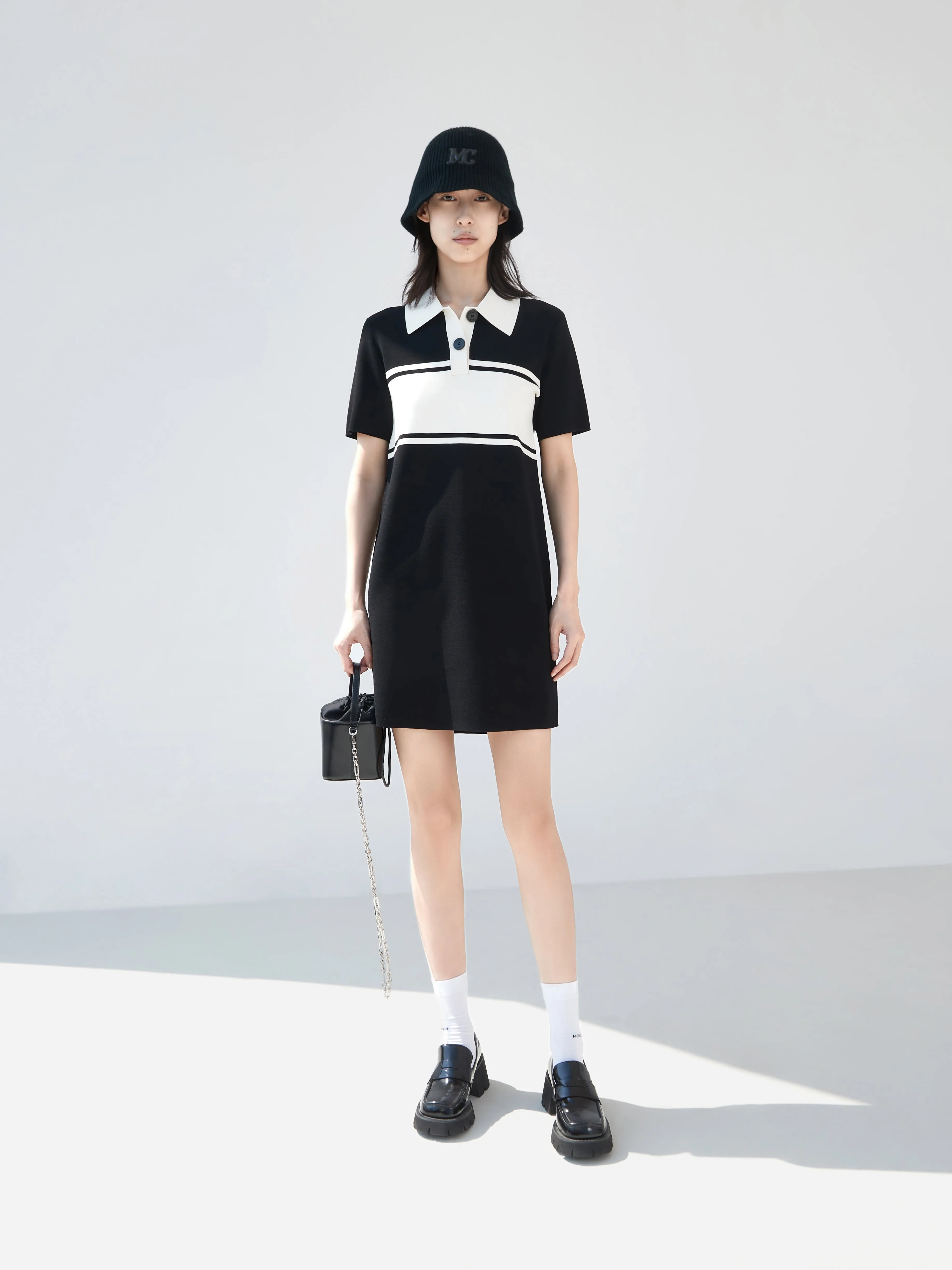 Polo Collar Contrast Mini Dress Balanced Lines Vintage Style