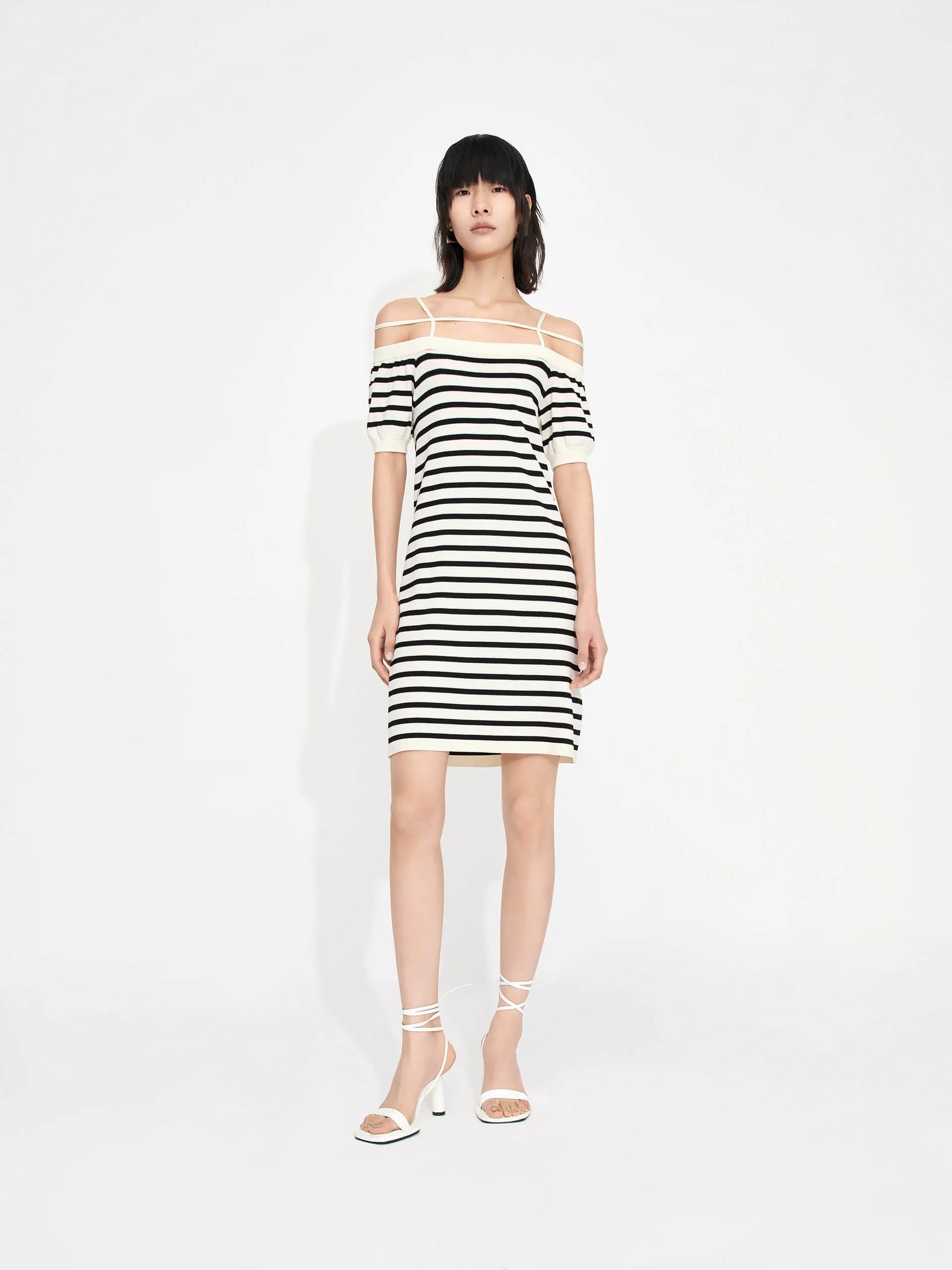 Warm-Layer Strap Details Striped Dress