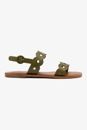 Florence Flat Sandal In Seaweed Leather Universal Strap Lock Mechanism Everyday