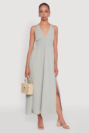 Trendy Plunge Halter Tie Maxi Dress with Criss Cross Back Straps Day Magic Magic Day