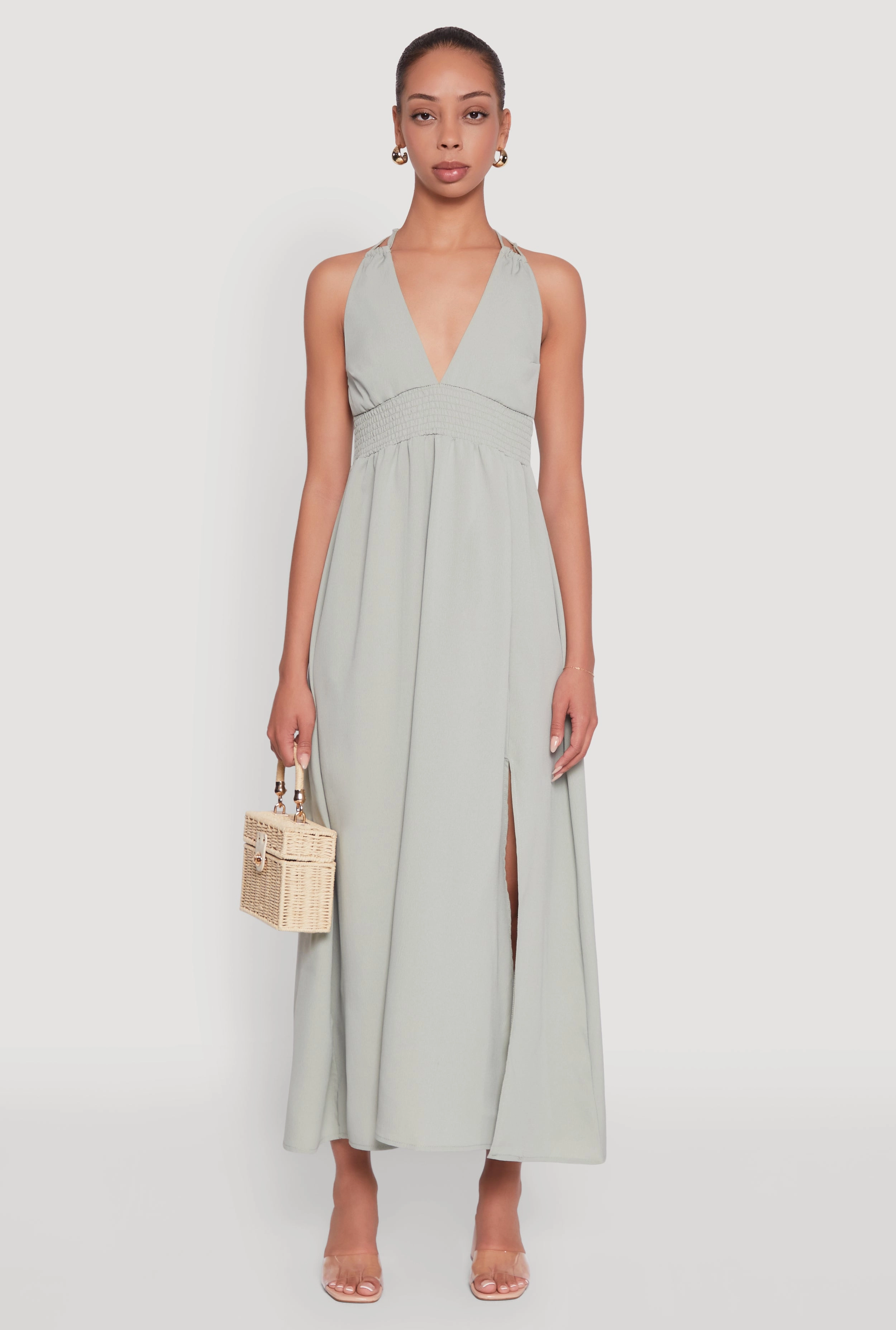 Trendy Plunge Halter Tie Maxi Dress with Criss Cross Back Straps Casual Wear