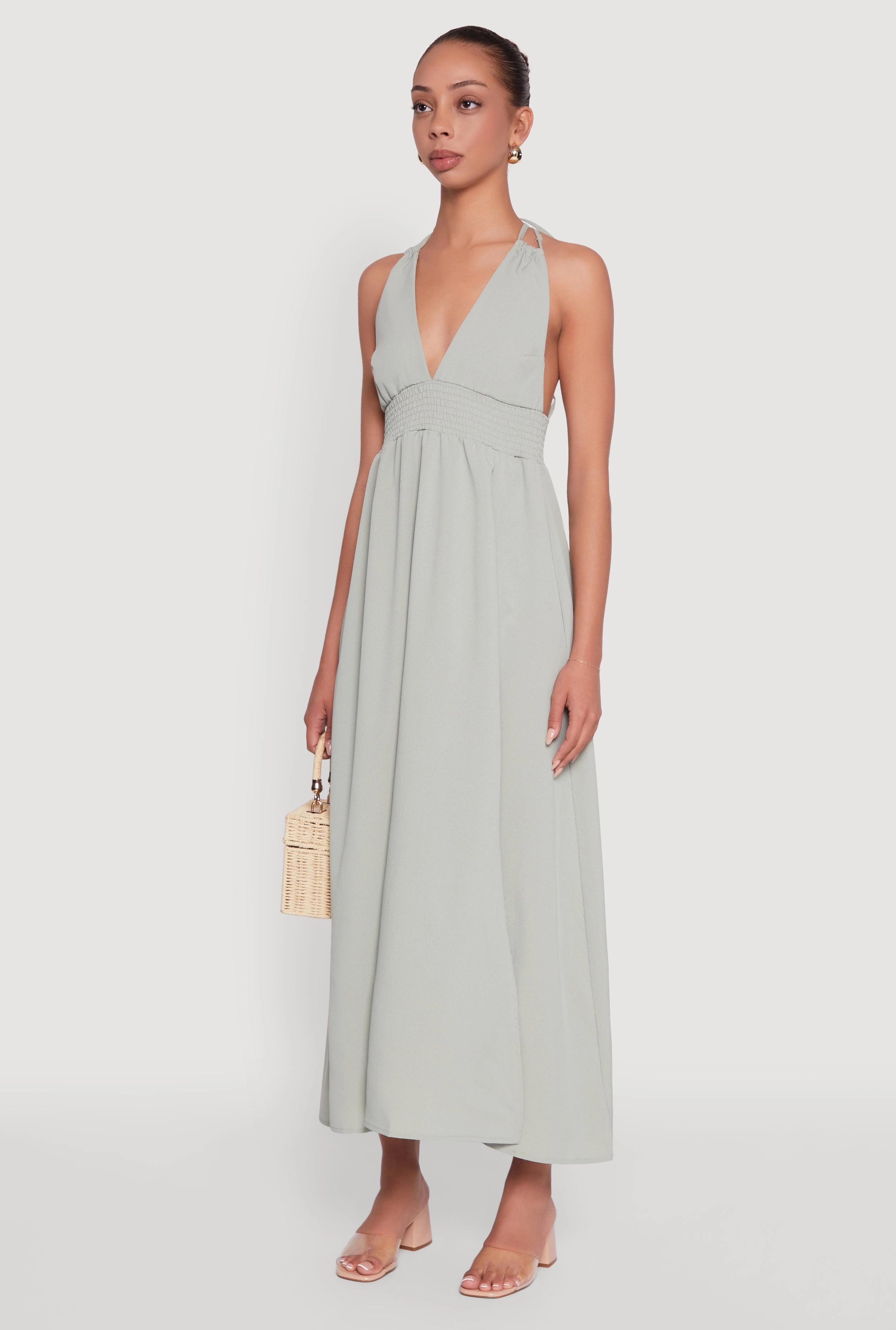 Trendy Plunge Halter Tie Maxi Dress with Criss Cross Back Straps Chic Balance