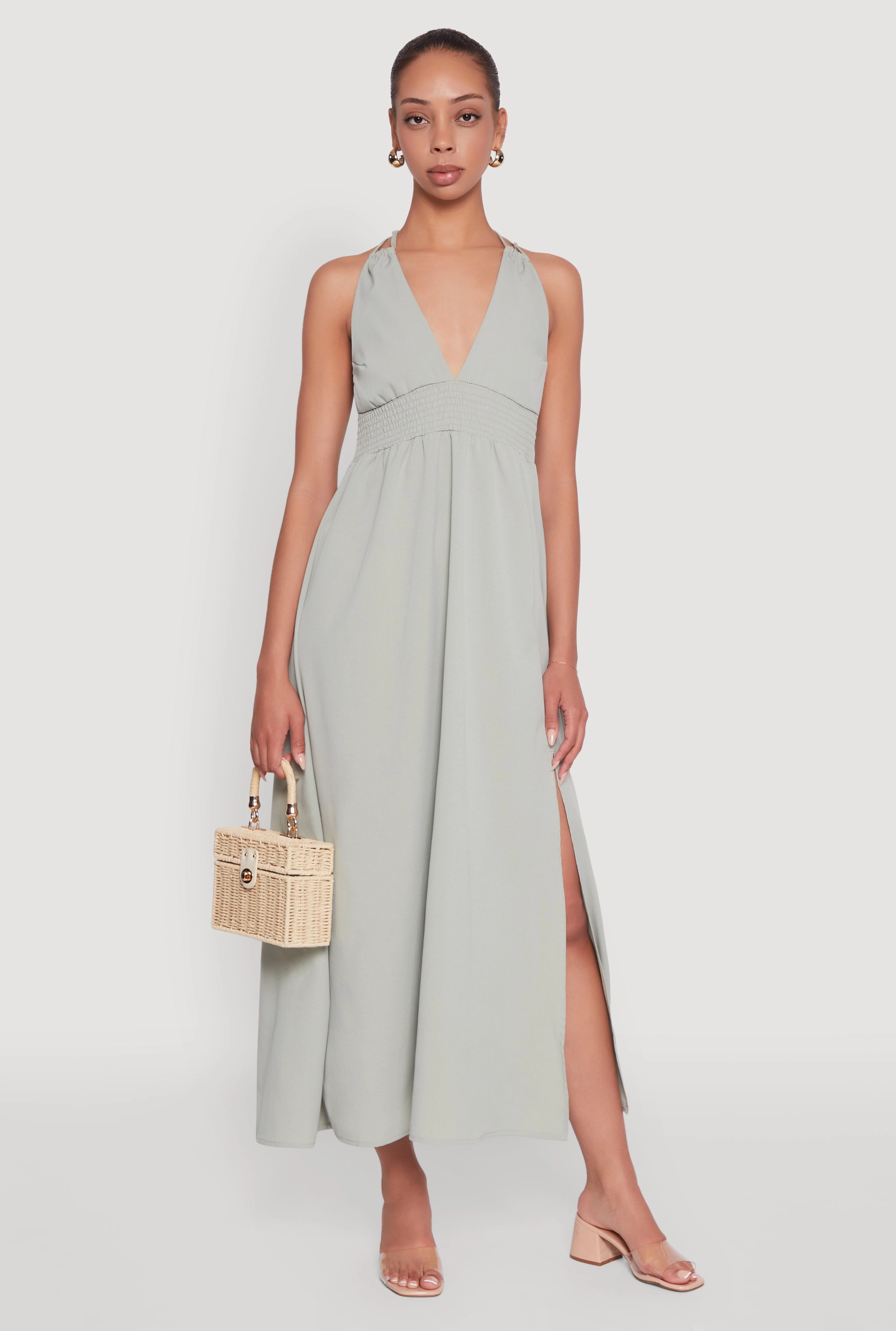 Trendy Plunge Halter Tie Maxi Dress with Criss Cross Back Straps Day Magic Magic Day