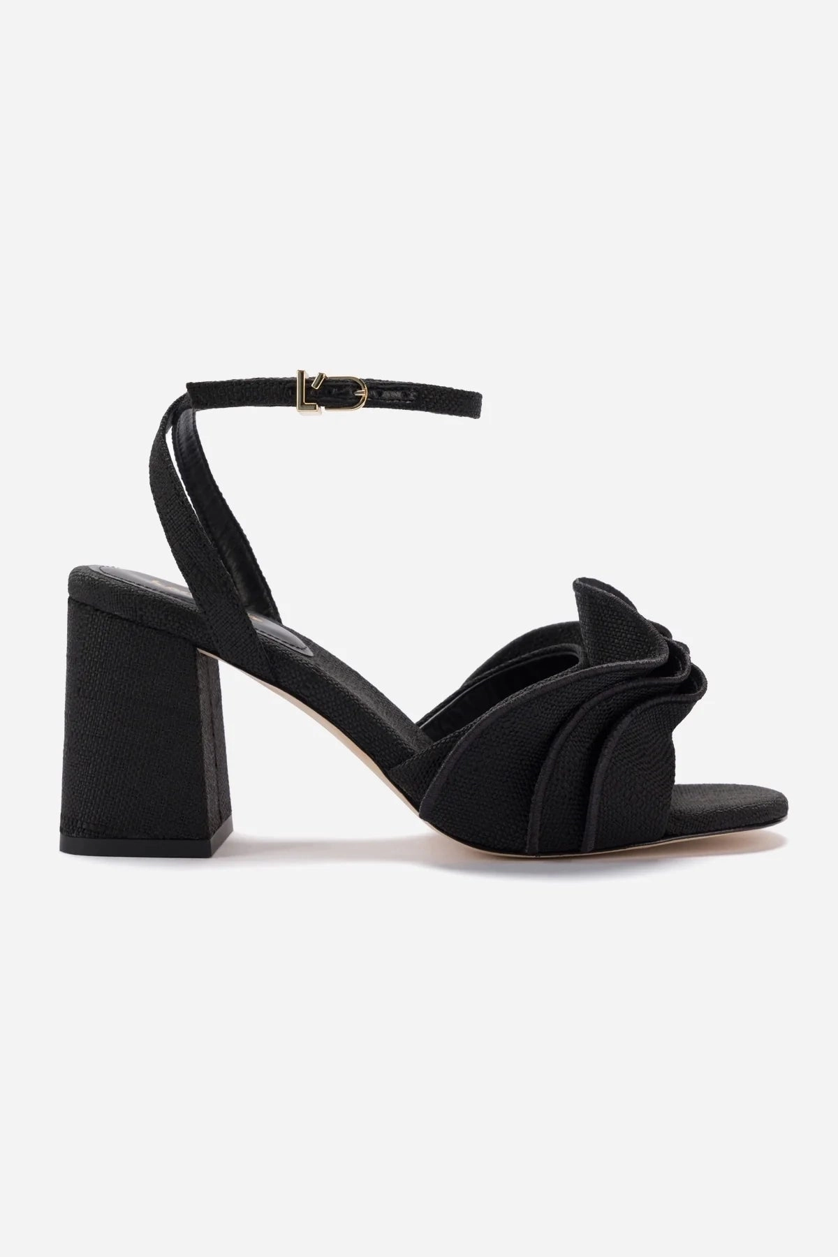 Selena Ruffle Sandal In Black Raffia Padded collar Footbed Massage Nodes