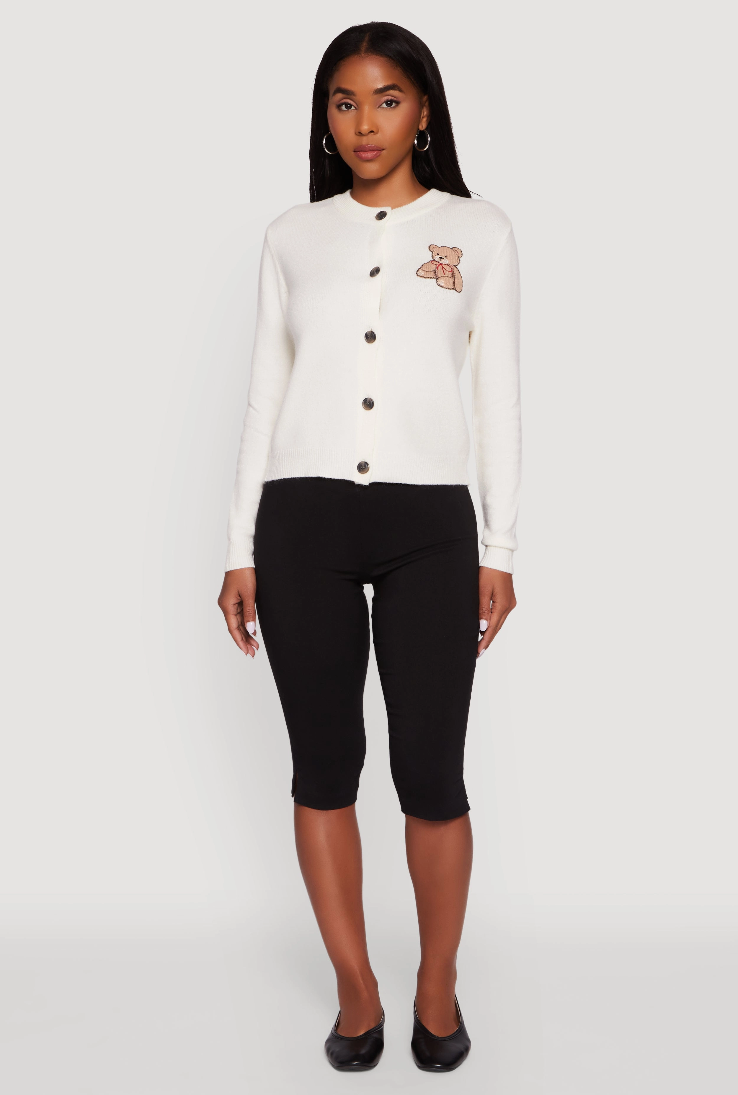 Elderly Zip - up Embroidered Teddy Button Front Long Sleeve Cardigan