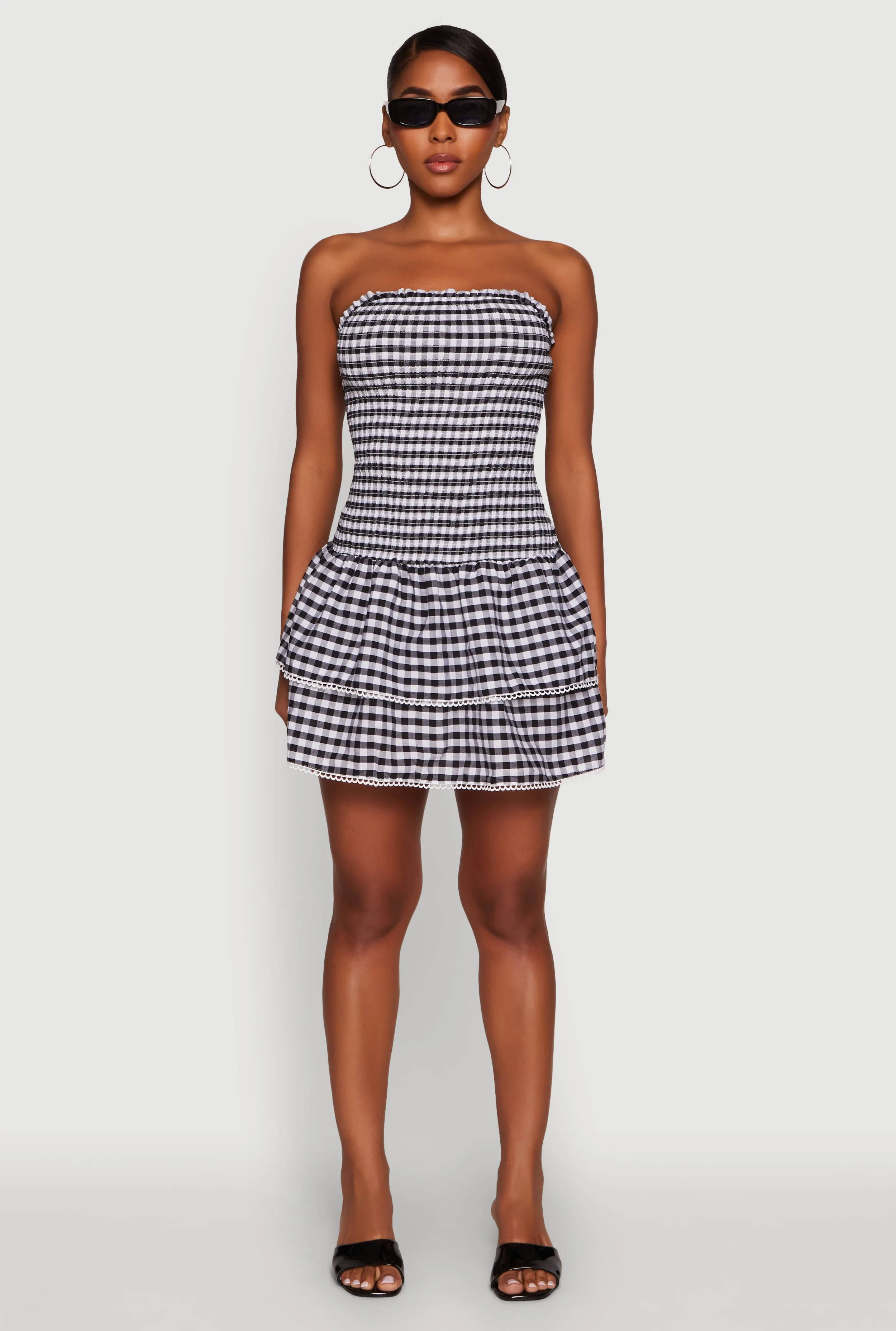 Subtle Touch Haute Monde Gingham Strapless Tiered Skater Dress