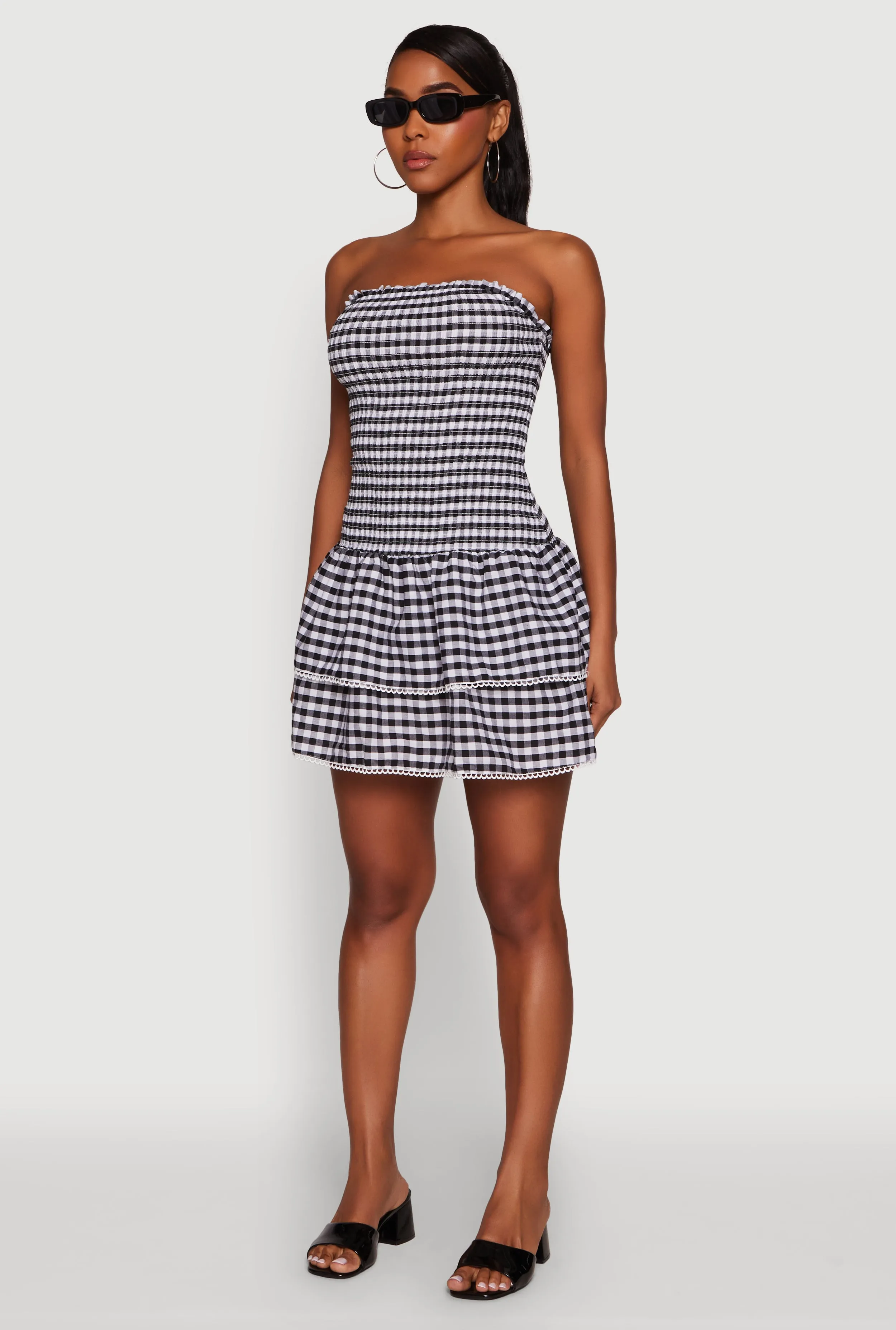 Lightweight-Lining Lightweight-Comfort Haute Monde Gingham Strapless Tiered Skater Dress