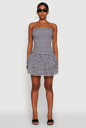 Subtle Touch Haute Monde Gingham Strapless Tiered Skater Dress