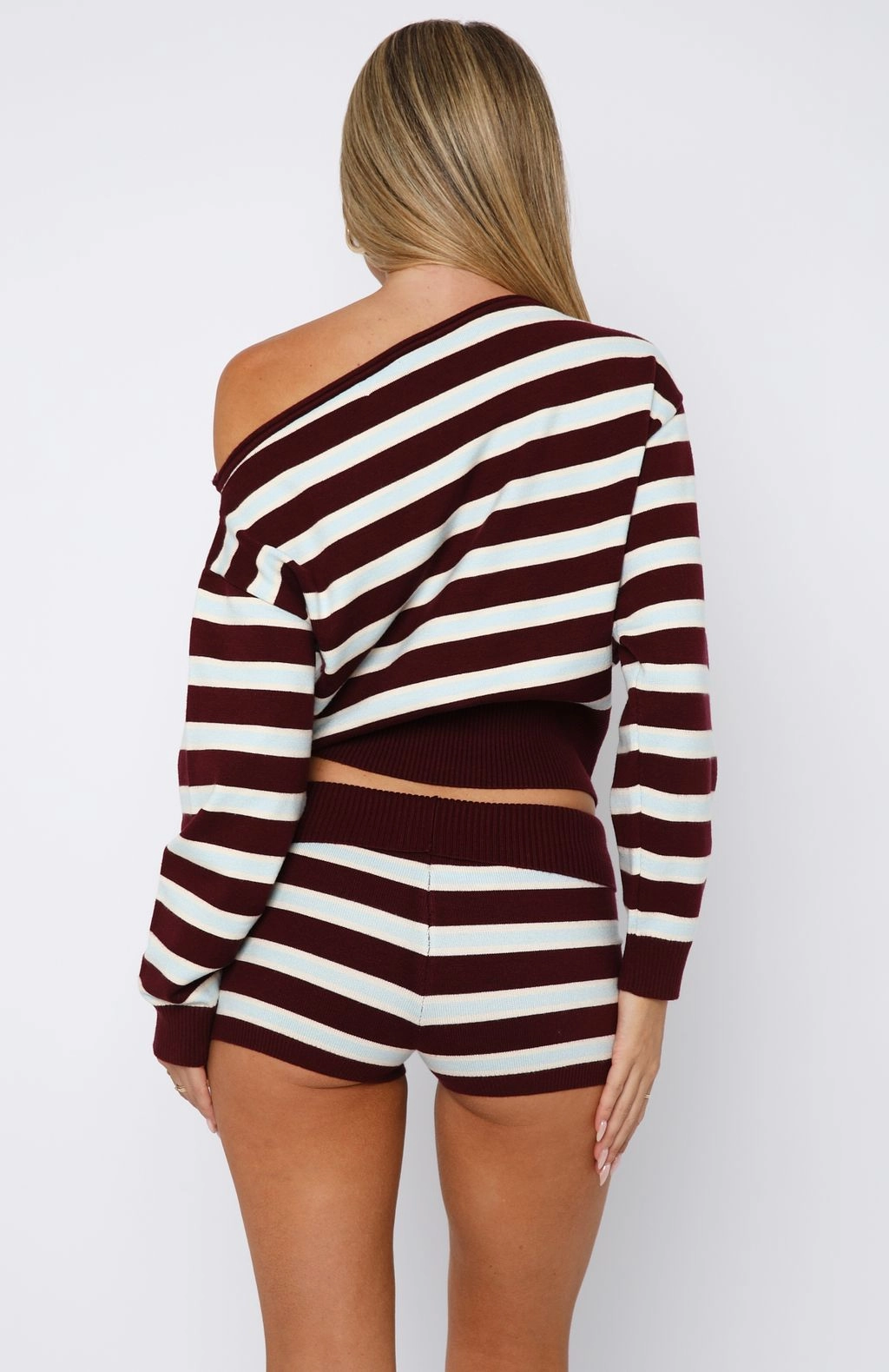 Everything To Everybody Booty Shorts Burgundy Stripe Secure Zipper Closure