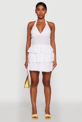 Eyelet Smocked Waist Tiered Halter Sundress Chill Edge Chic boho dress