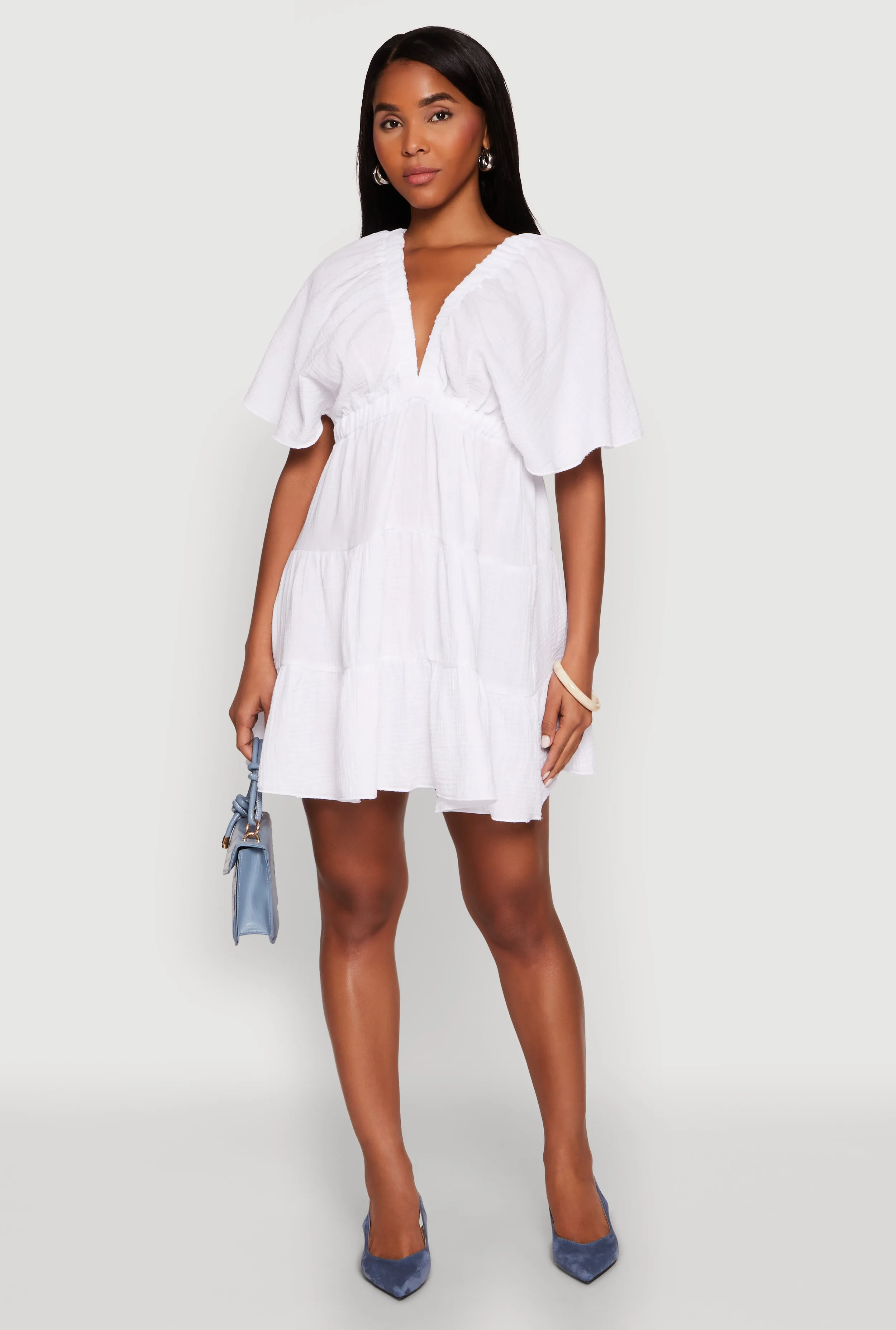 Vibrant Light Gauze Knit Plunge Tiered Mini Dress