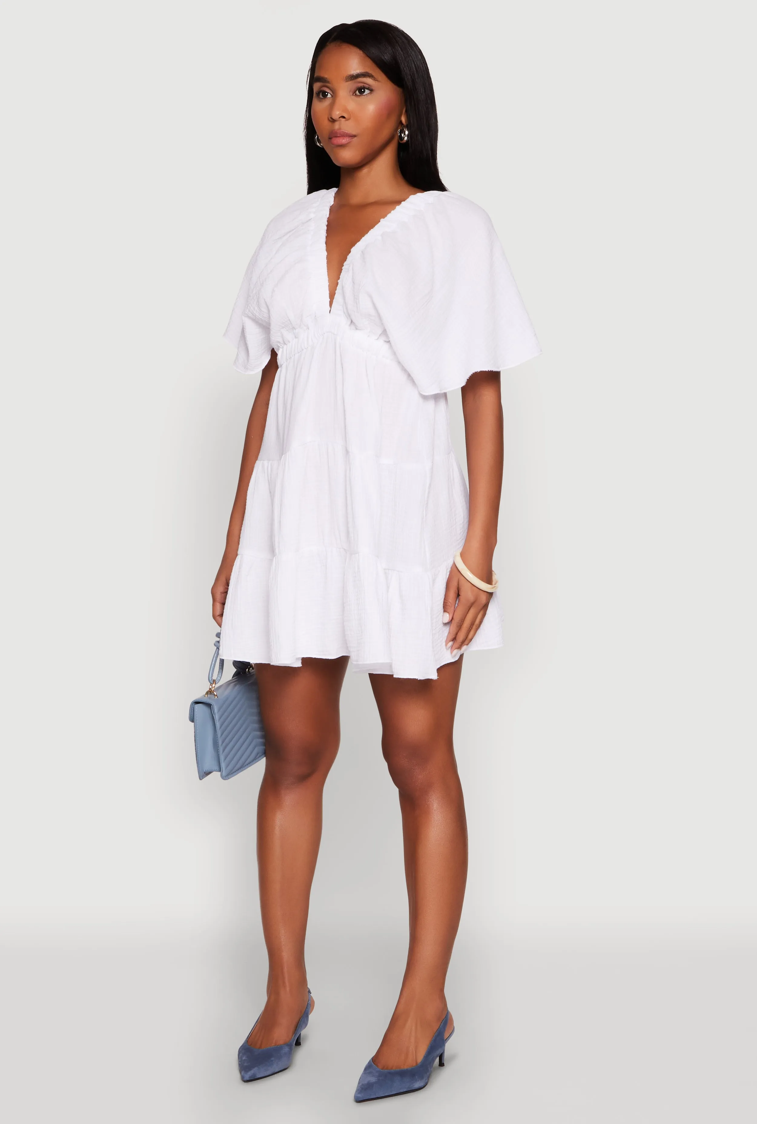 Shore Time Silky Form Gauze Knit Plunge Tiered Mini Dress