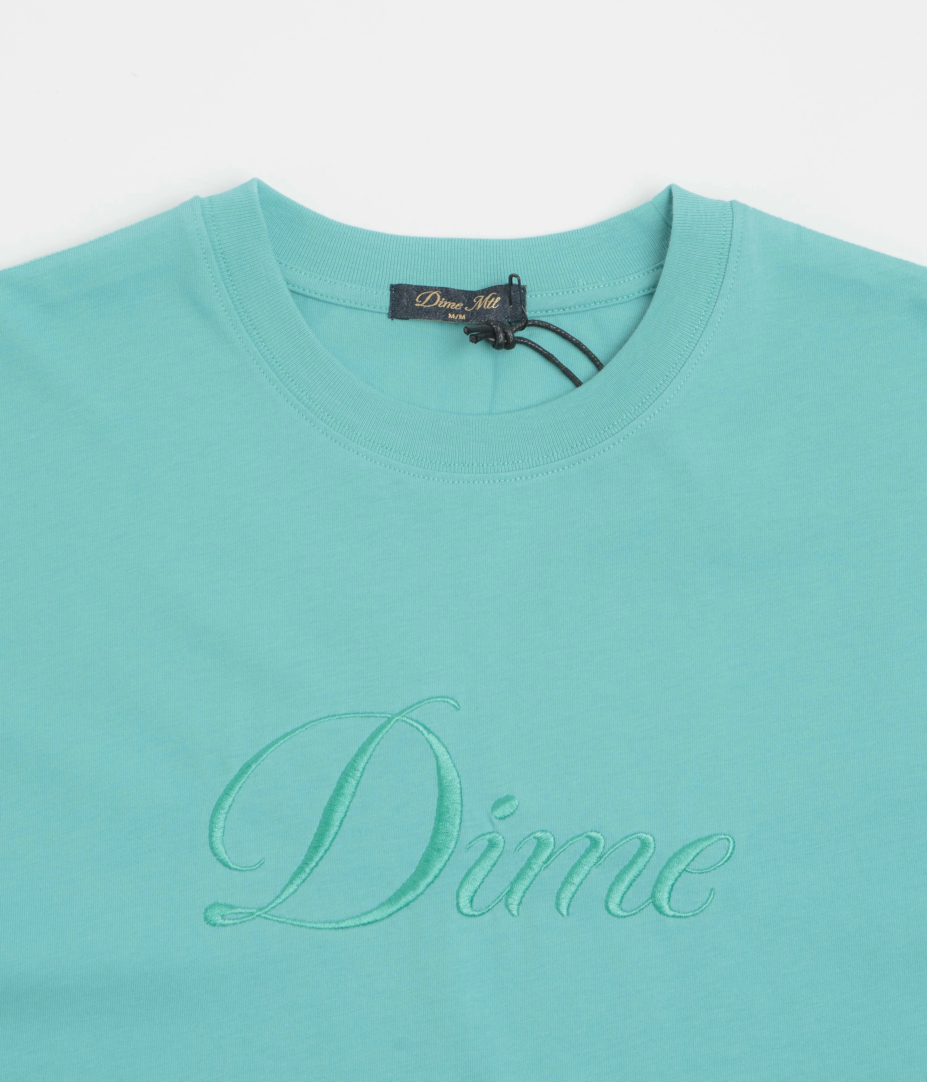 Flattering Shape Wrinkle Resistant Finish Dime Cursive T-Shirt - Vintage Teal