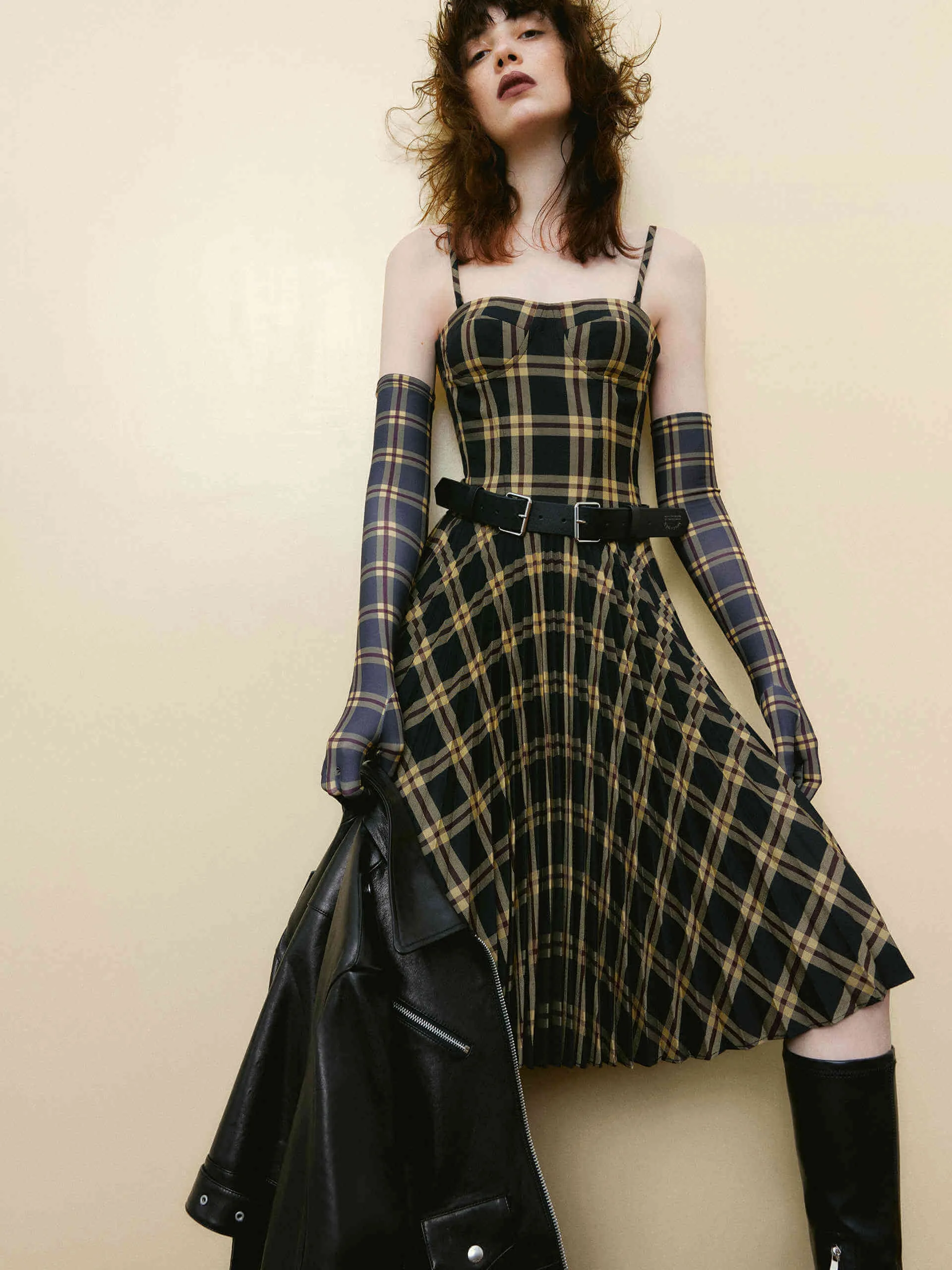 Ribbed-Texture Corset Check Pleated Cami Dress