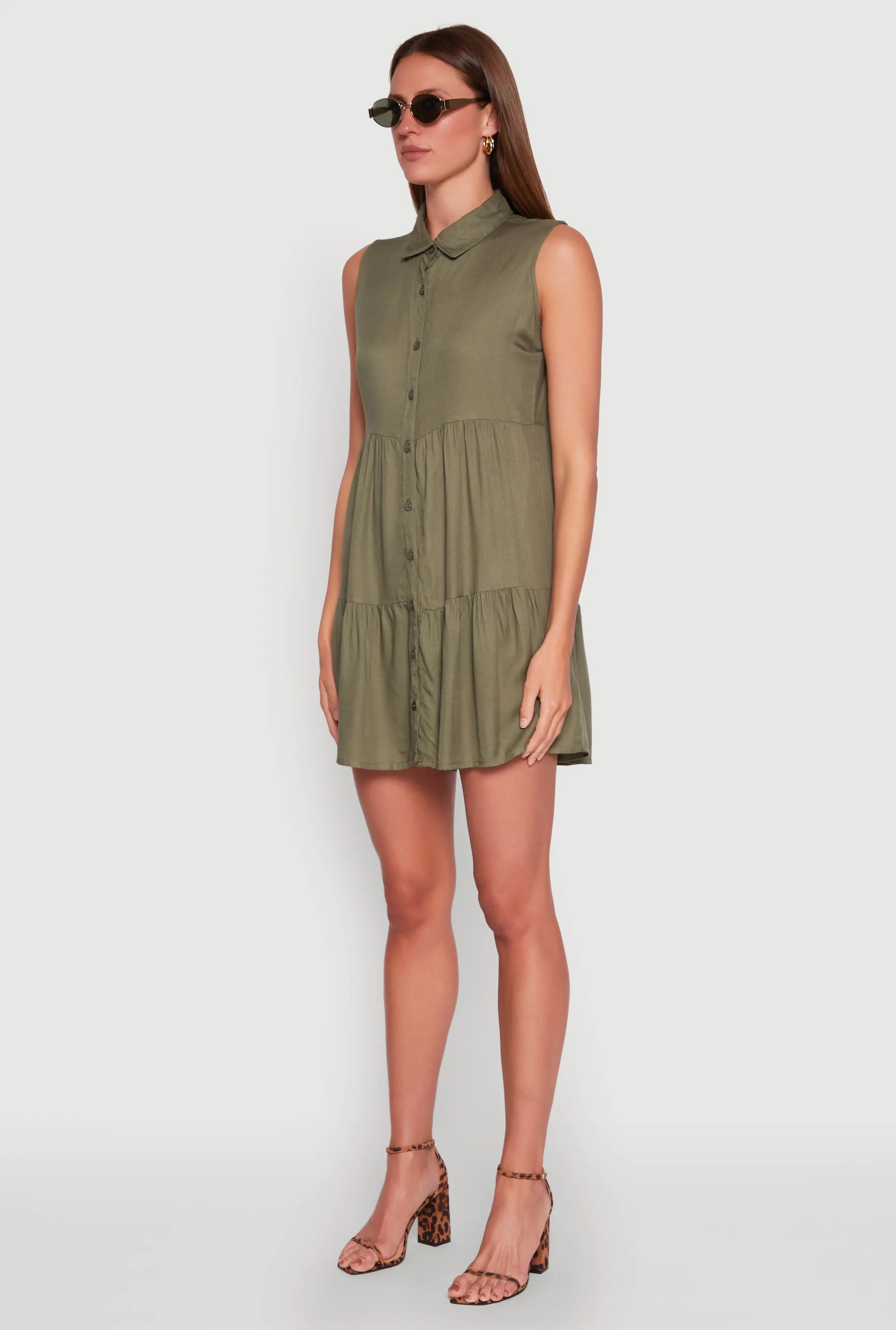 Comfortable Layering Sheer-Overlay Sleeveless Button Front Tiered Dress