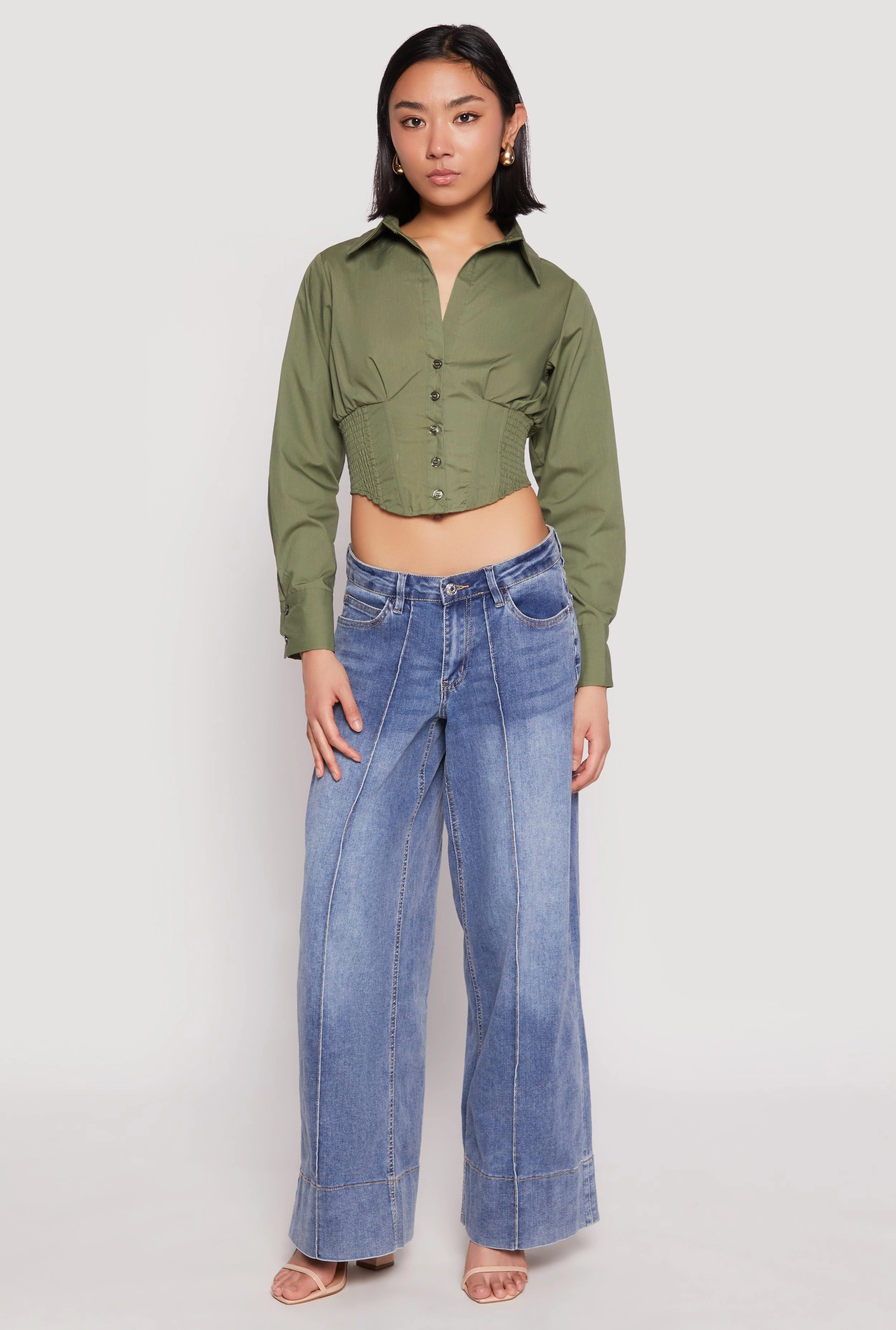 Smocked Waist Button Front Blouse umbrella hiker