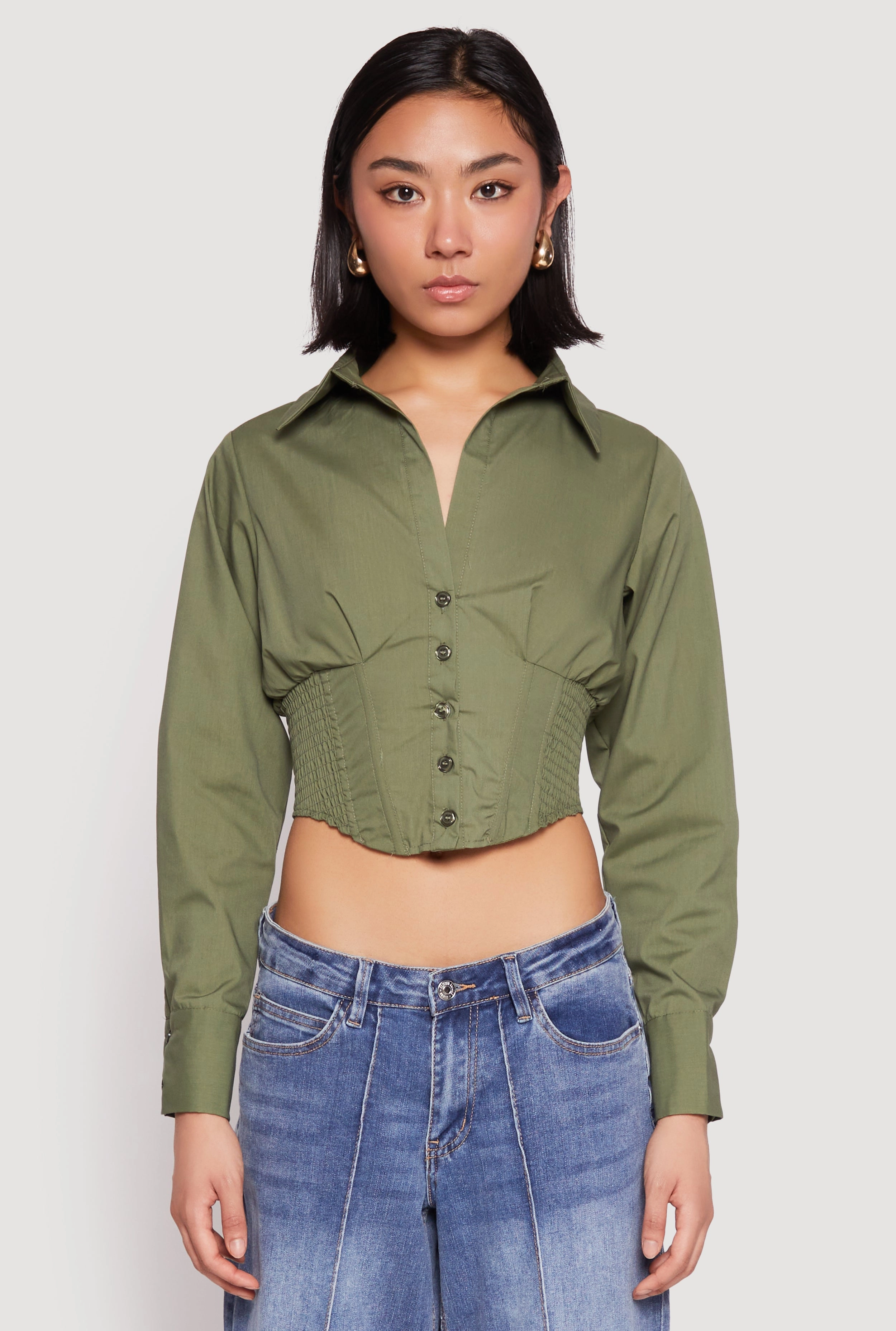 Corduroy Smocked Waist Button Front Blouse